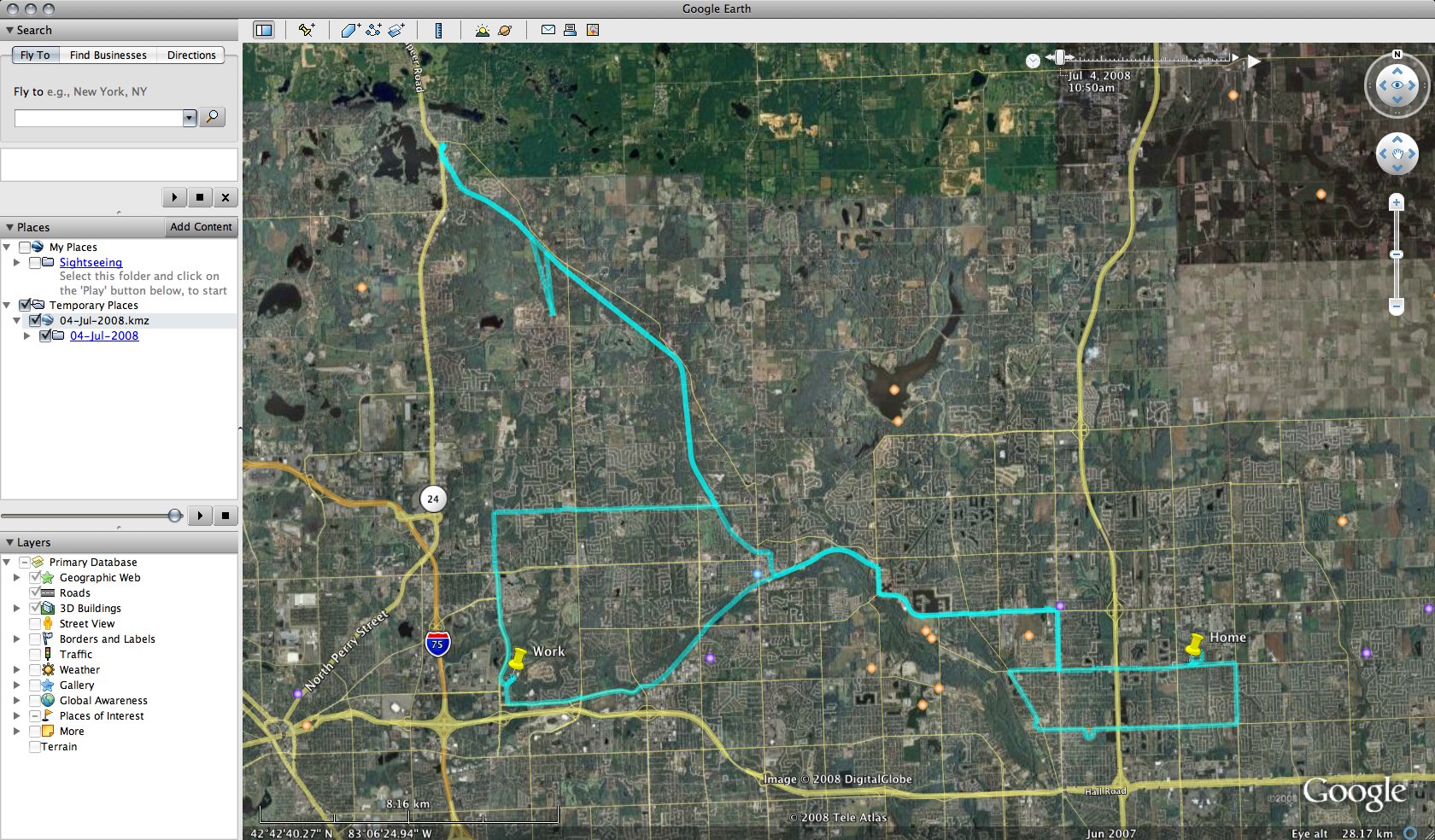 On the Fourth of July I rode to work, then up to Lake Orion, then back home. Total of about 56.5 miles. Since Google Earth would only save this as a blank black image I had to take a screenshot instead.