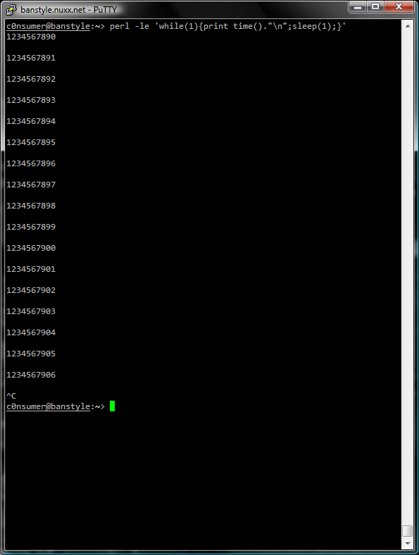 Watching unix time 1234567890 roll over on banstyle.nuxx.net via PuTTY.