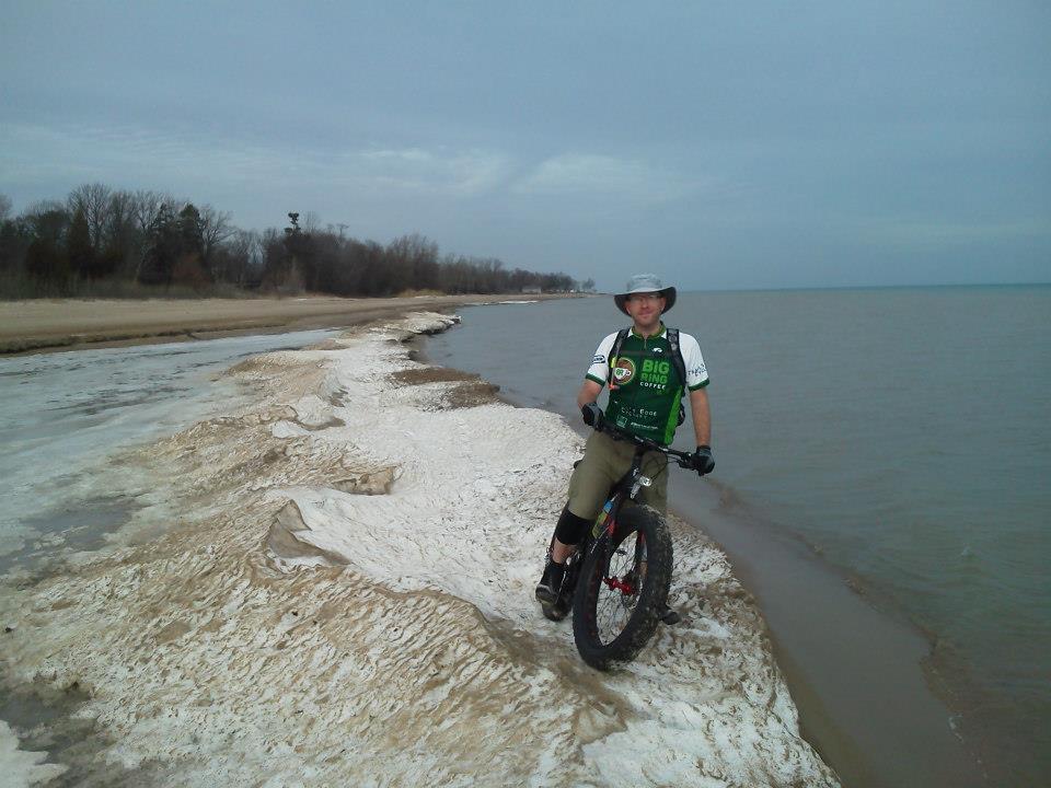 Me / Steve standing on an ice/snow-covered sand bar just before falling into Lake Huron. Photo by James R. Zimmerman.