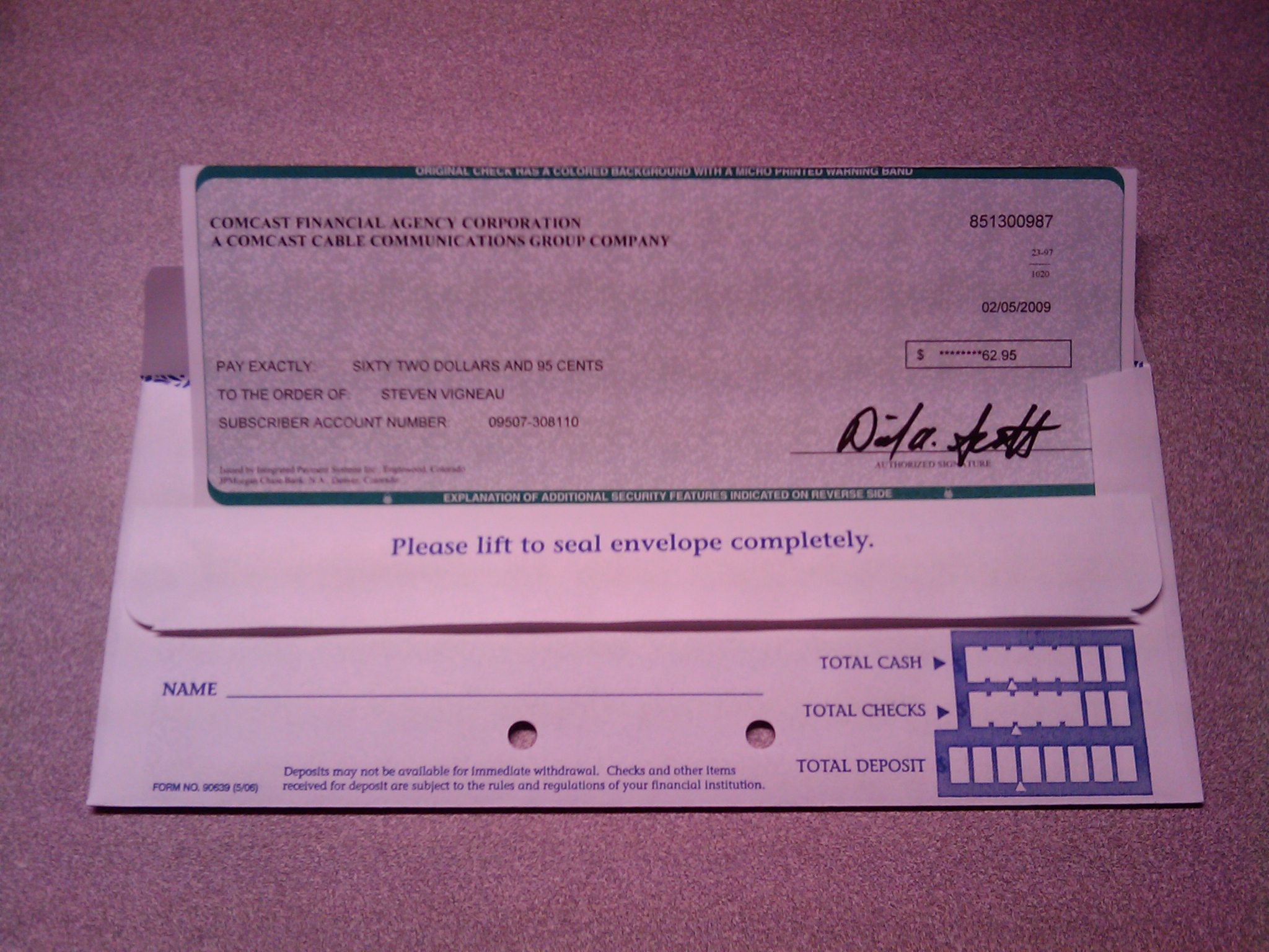 A refund check like this from Comcast is a rare sight.