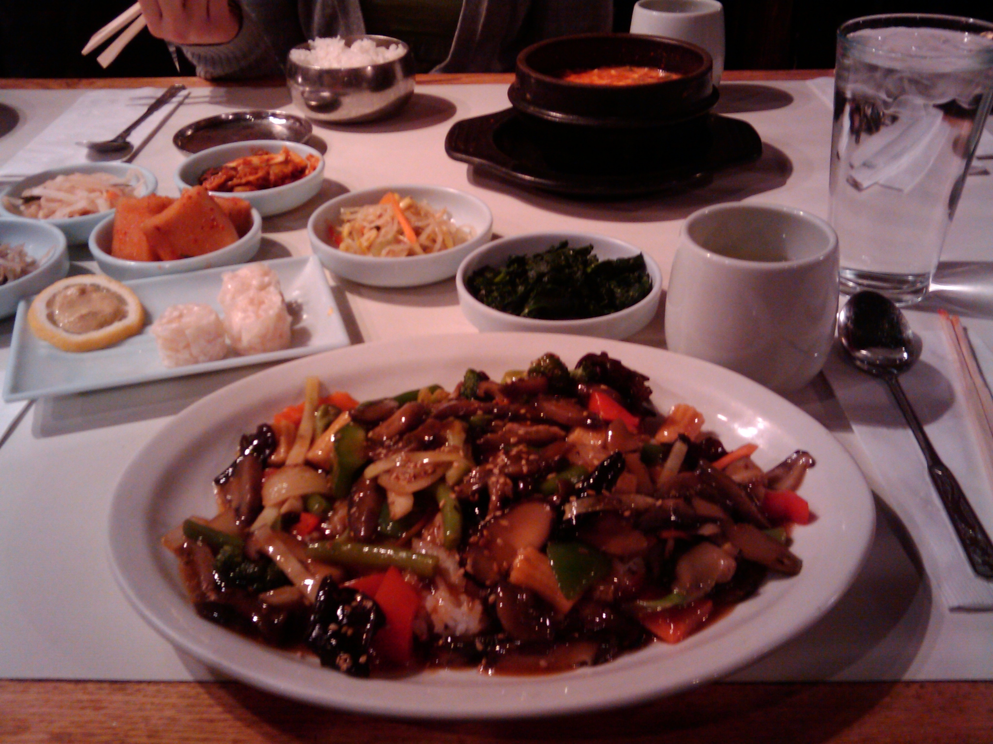 Eating Korean food at New Seoul Garden with Bo after we helped her move. I had a stir fried veggie dish which was mostly mushroom and sesame. It was excellent.