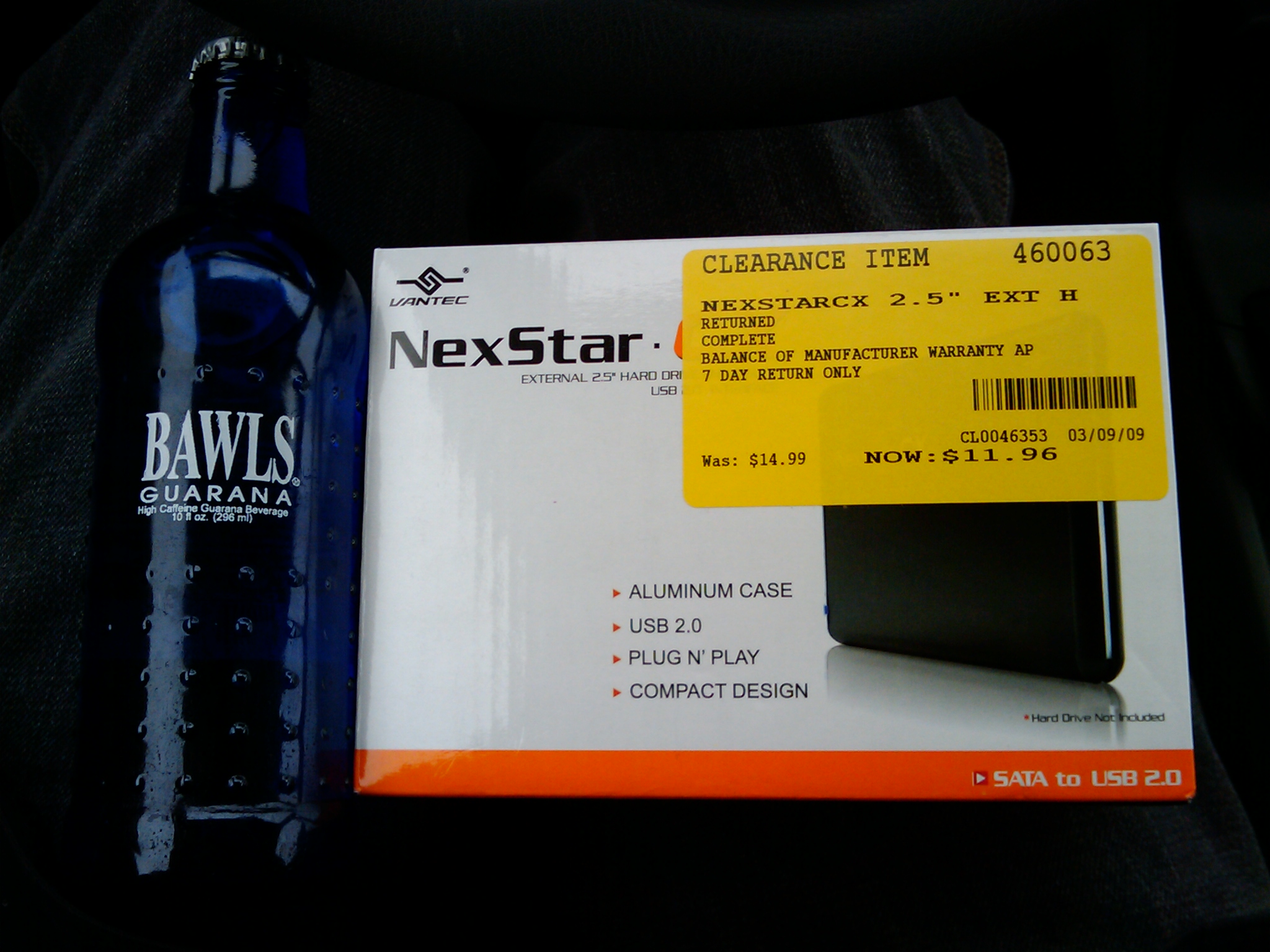 A bottle of Bawls for a coworker and a clearance USB SATA disk enclosure for Danielle. The disk enclosure turned out to be missing screws.