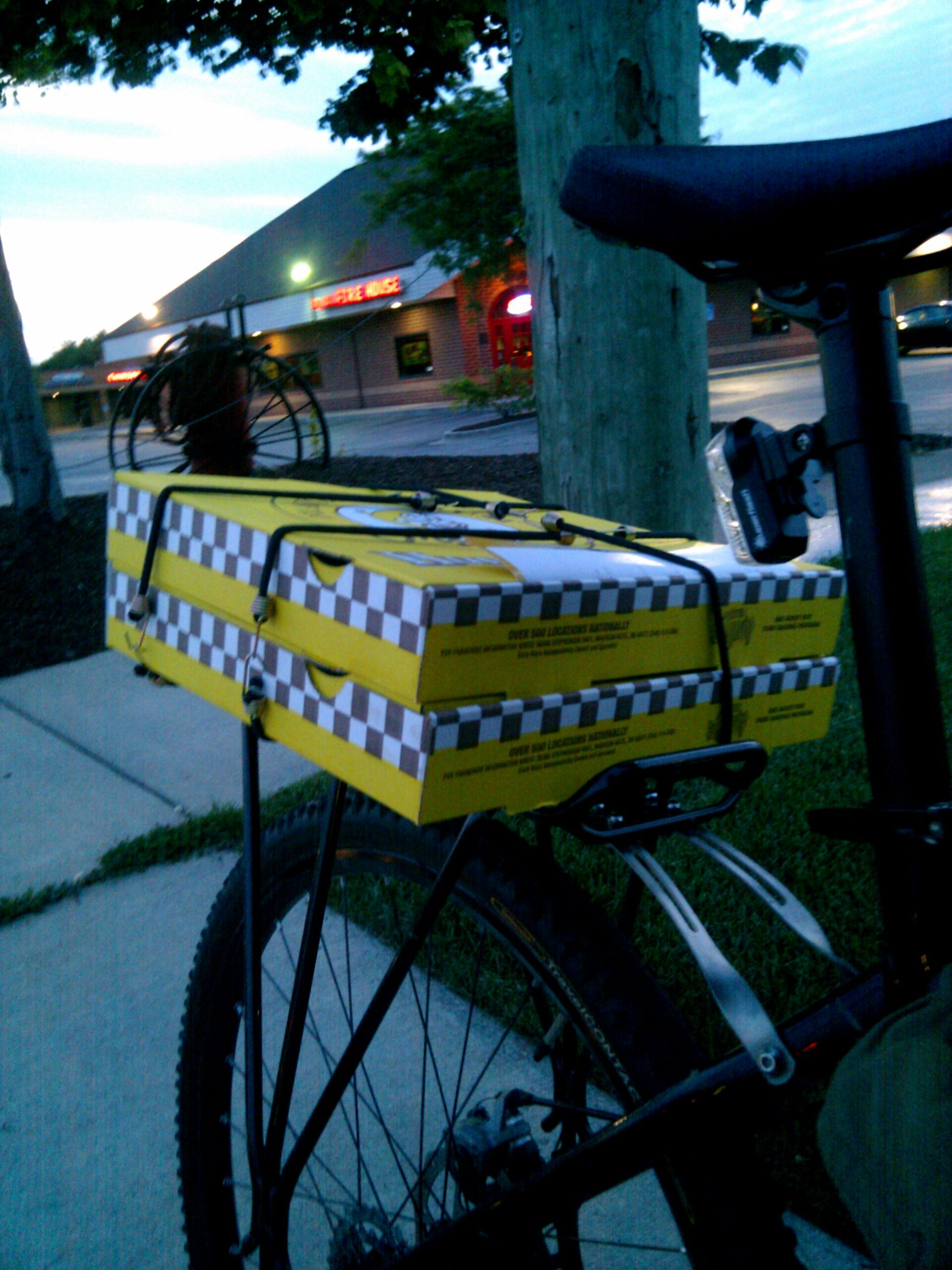 Pizzas from Hungry Howies on the back of my Specialized.