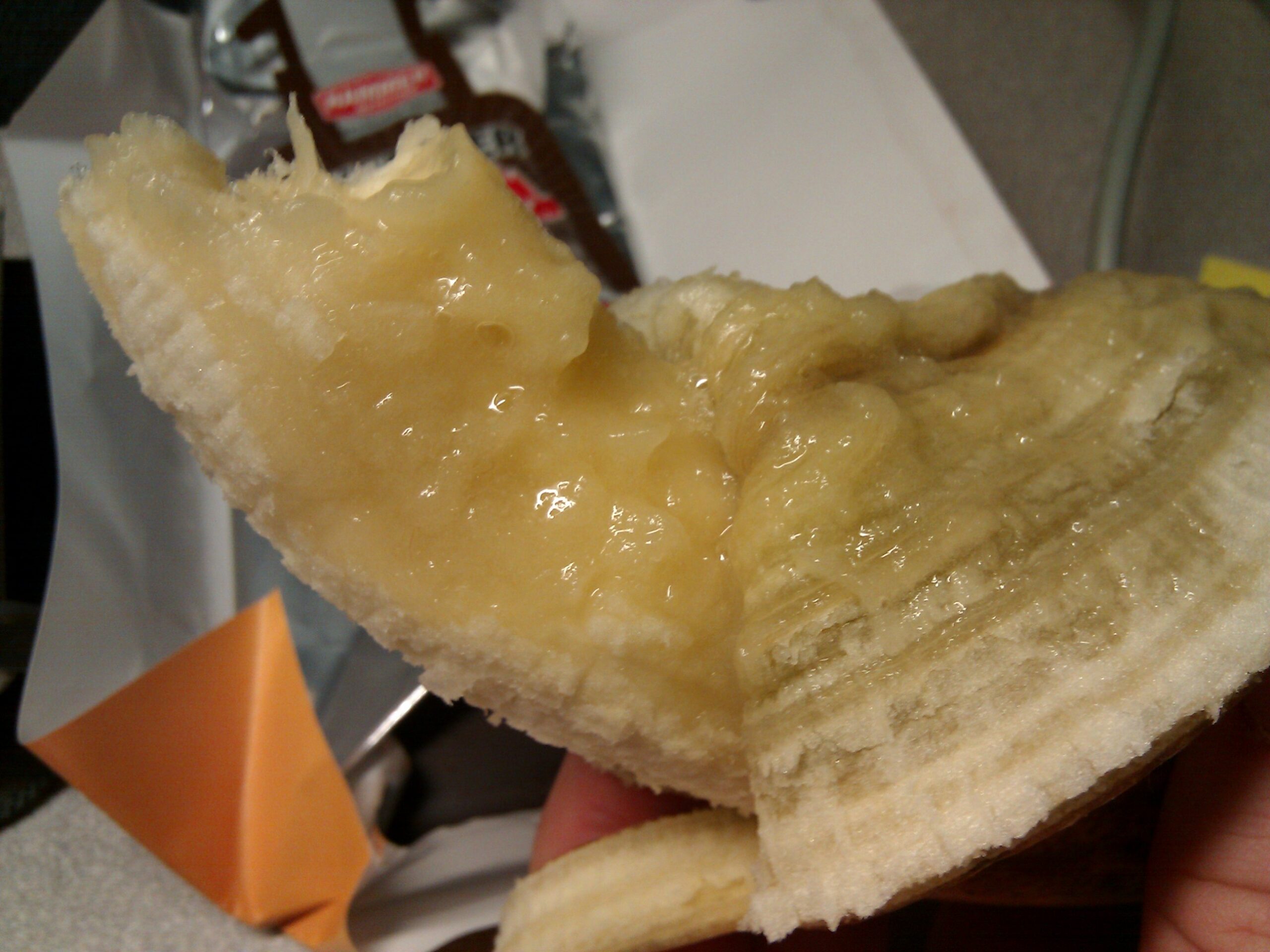 Banana that became partially mashed while in a pannier during a bike ride to work.