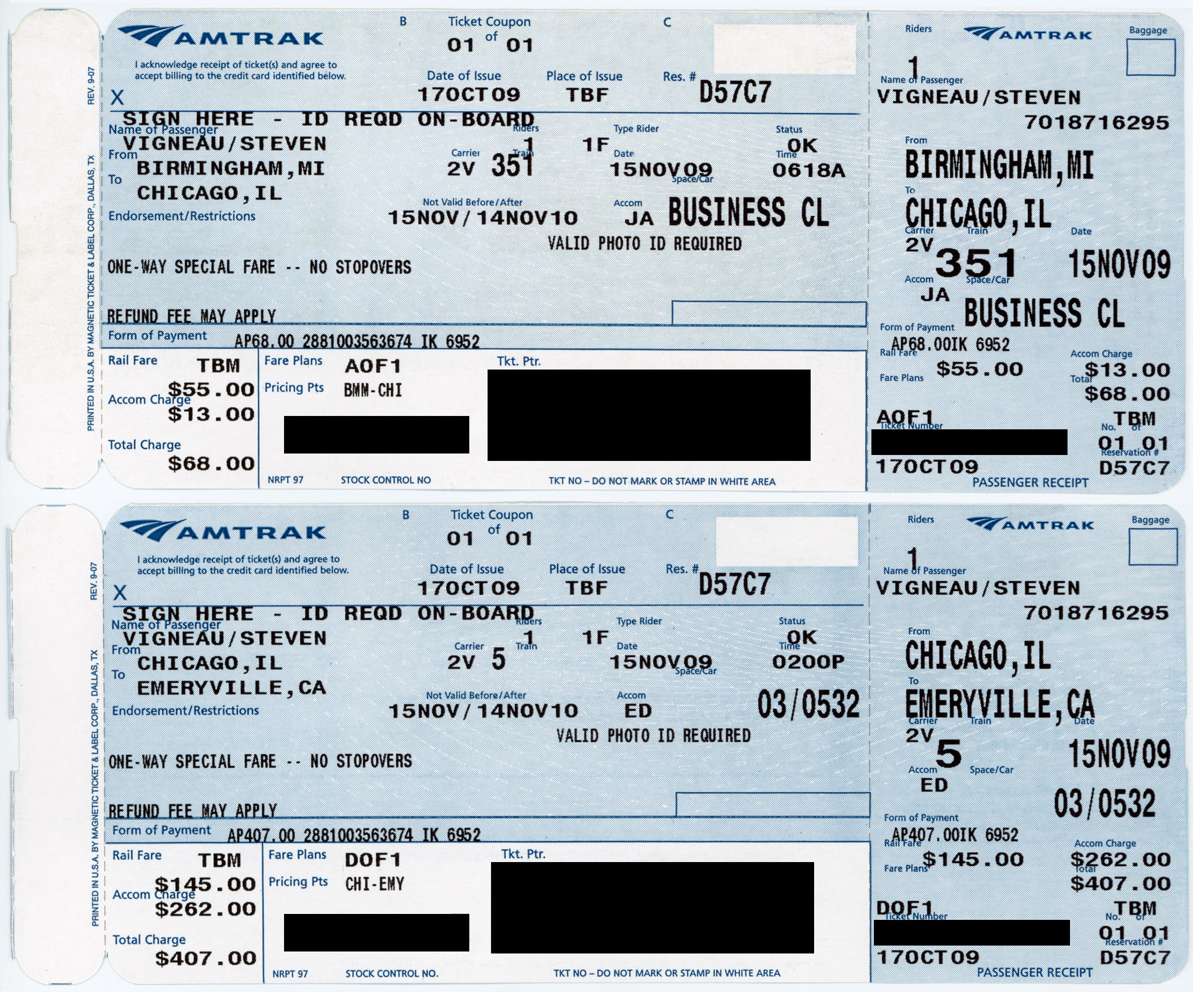 Tickets for an Amtrak journey from Birmingham, MI (BMM) to Emeryville, CA (EMY) via the Wolverine and California Zephyr lines.