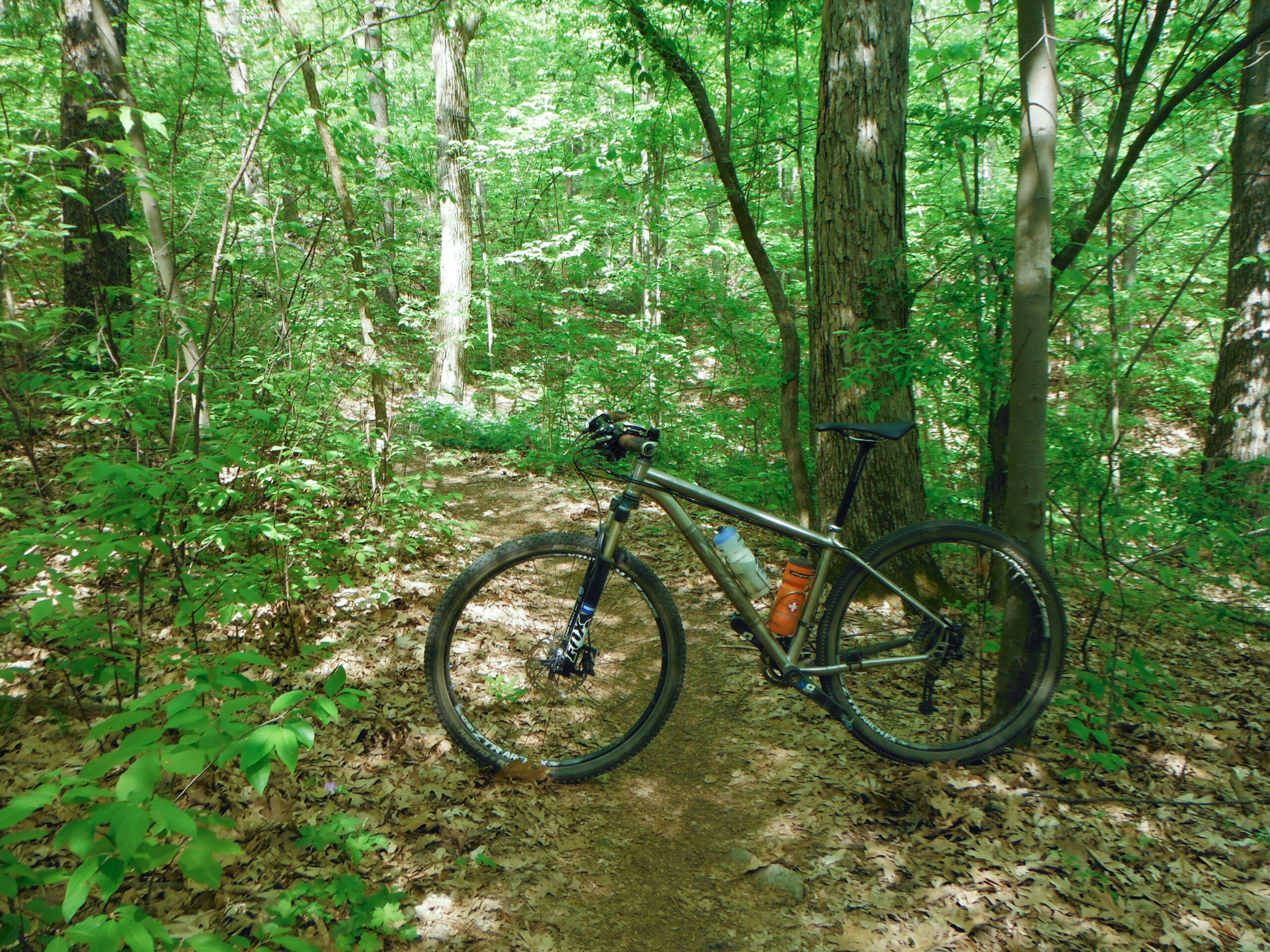 Salsa El Mariachi Ti along single track at Pontiac Lake while riding six laps on a warm Sunday.