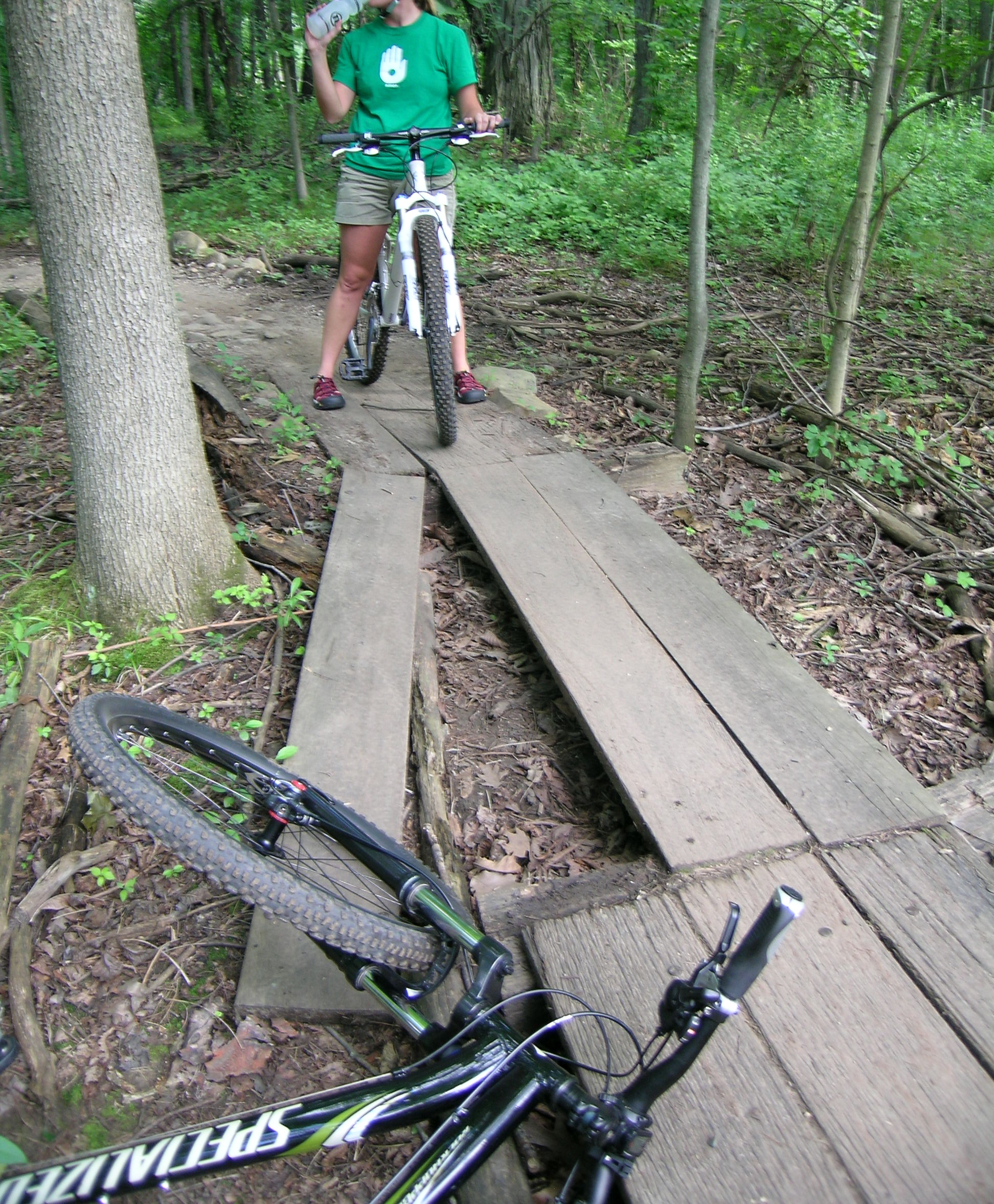 One of the bridges in The Pines at Stony Creek came apart while I was riding across it. My front wheel went between the planks and I went over the handlebars. 