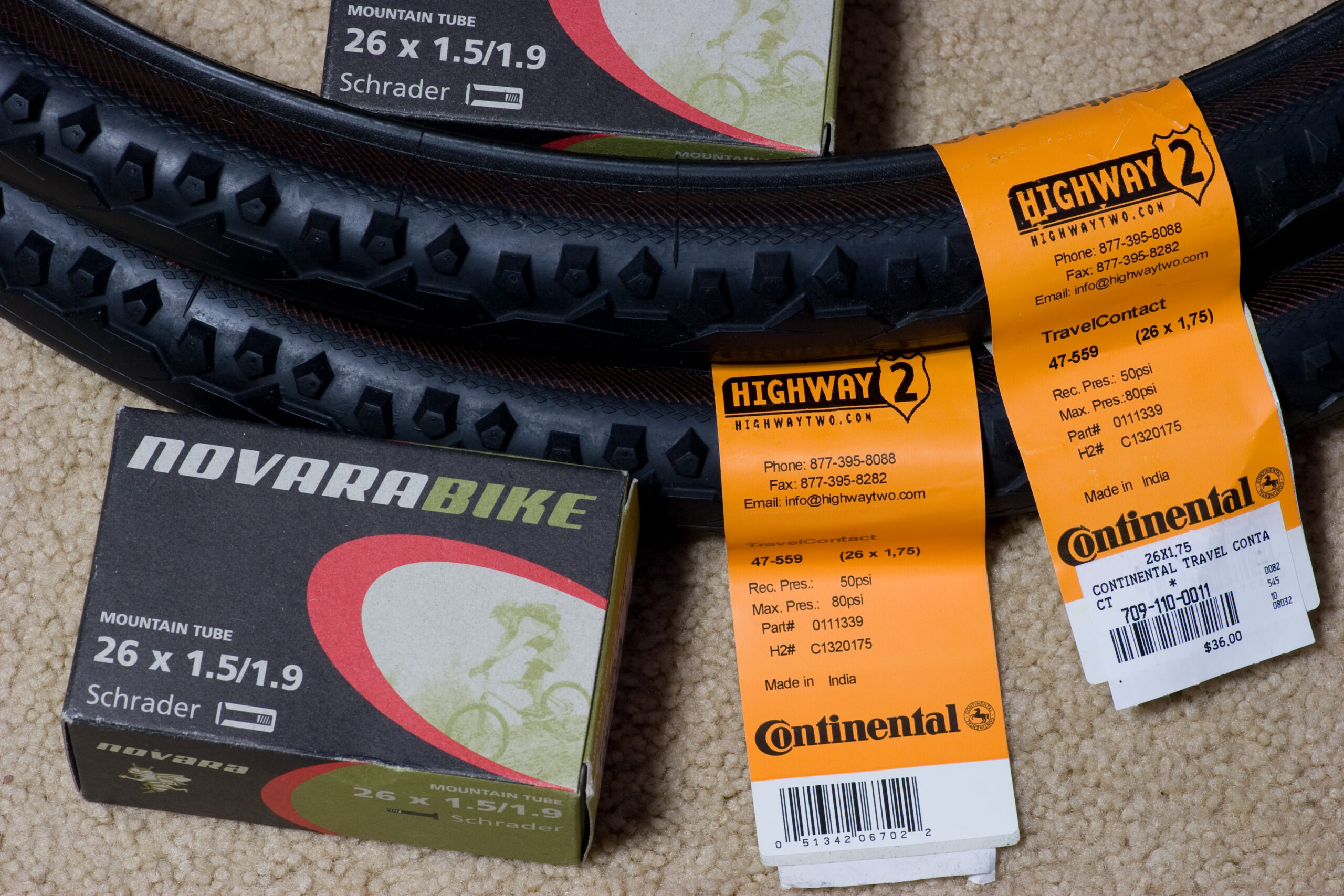 Two new Continental TravelContact 26 x 1.75&quote; fires and matching Novara (REI) tubes.