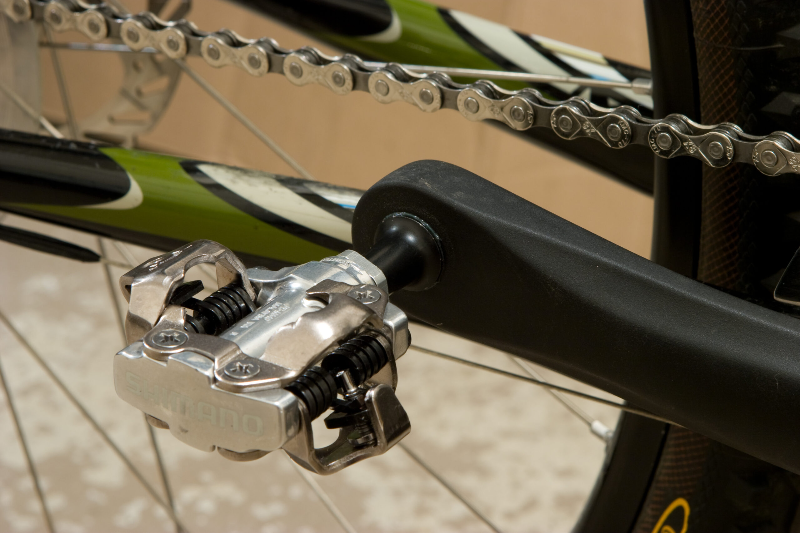 Detail of the Shimano PD-M540 clipless pedals installed on my bike after cleaning it up and having the wheels trued.