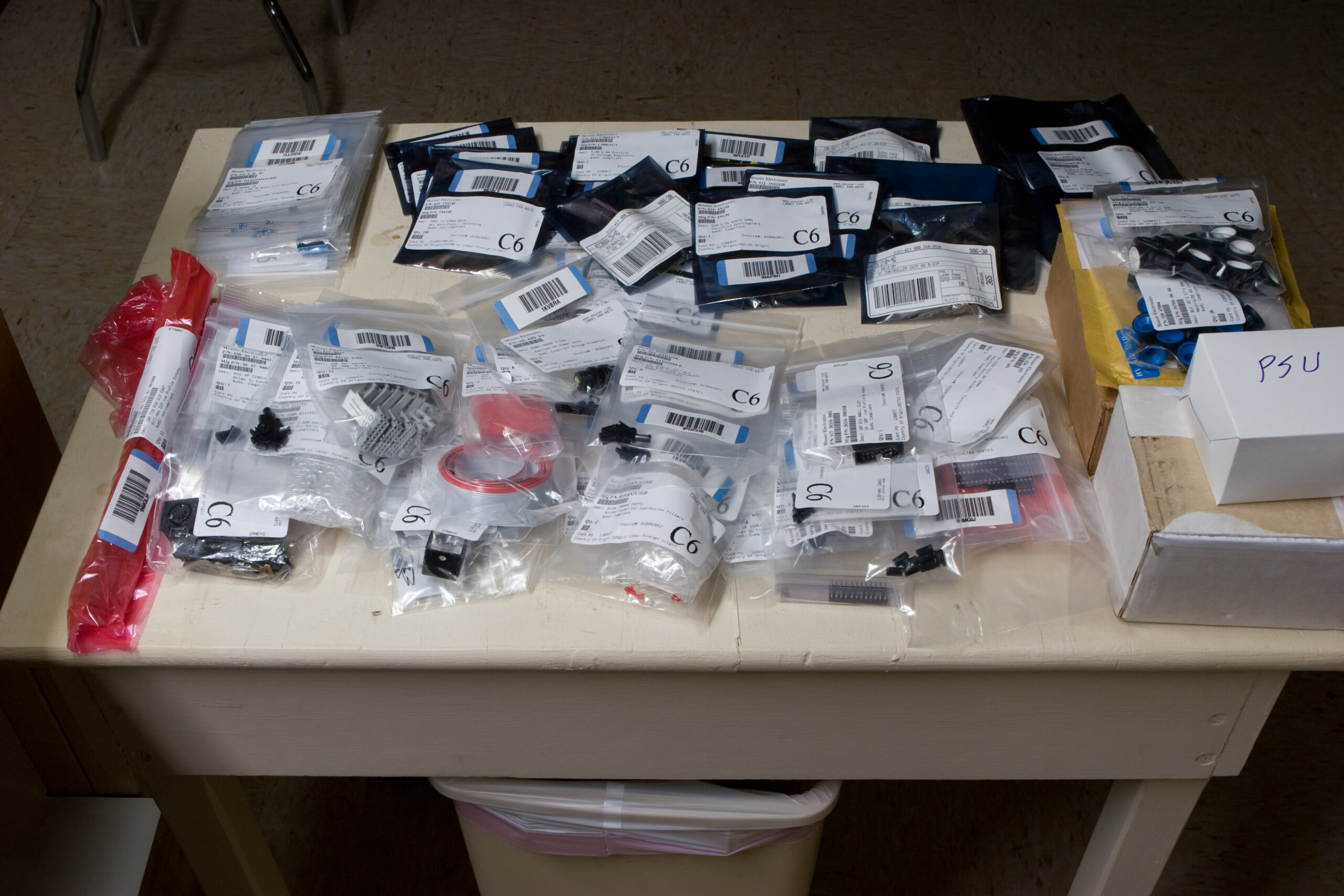 Most of the parts for Ivan's P3 laid out on a table next to my workbench for easy selection.