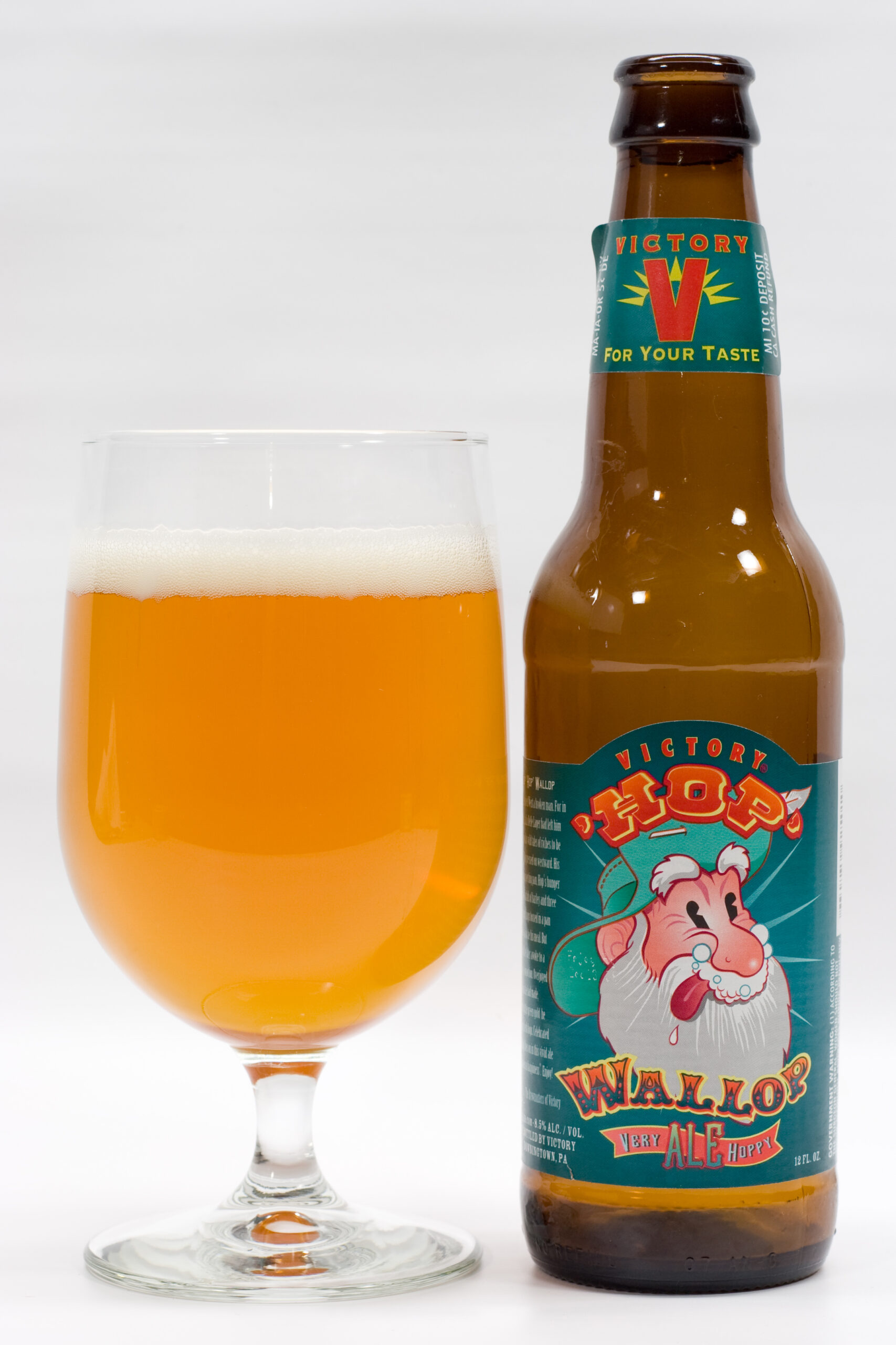 Victory's Hop Wallop poured into a glass. It's a somewhat syrupy, very hoppy beer. I like it.