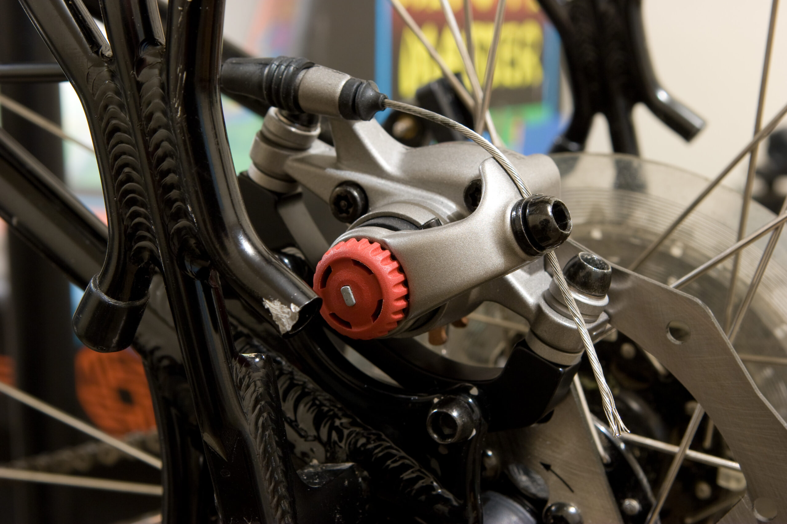 The new rear 2007 Avid BB7 disc brake mounted on my bike, replacing the BB5s that were damaged when I was rear ended.