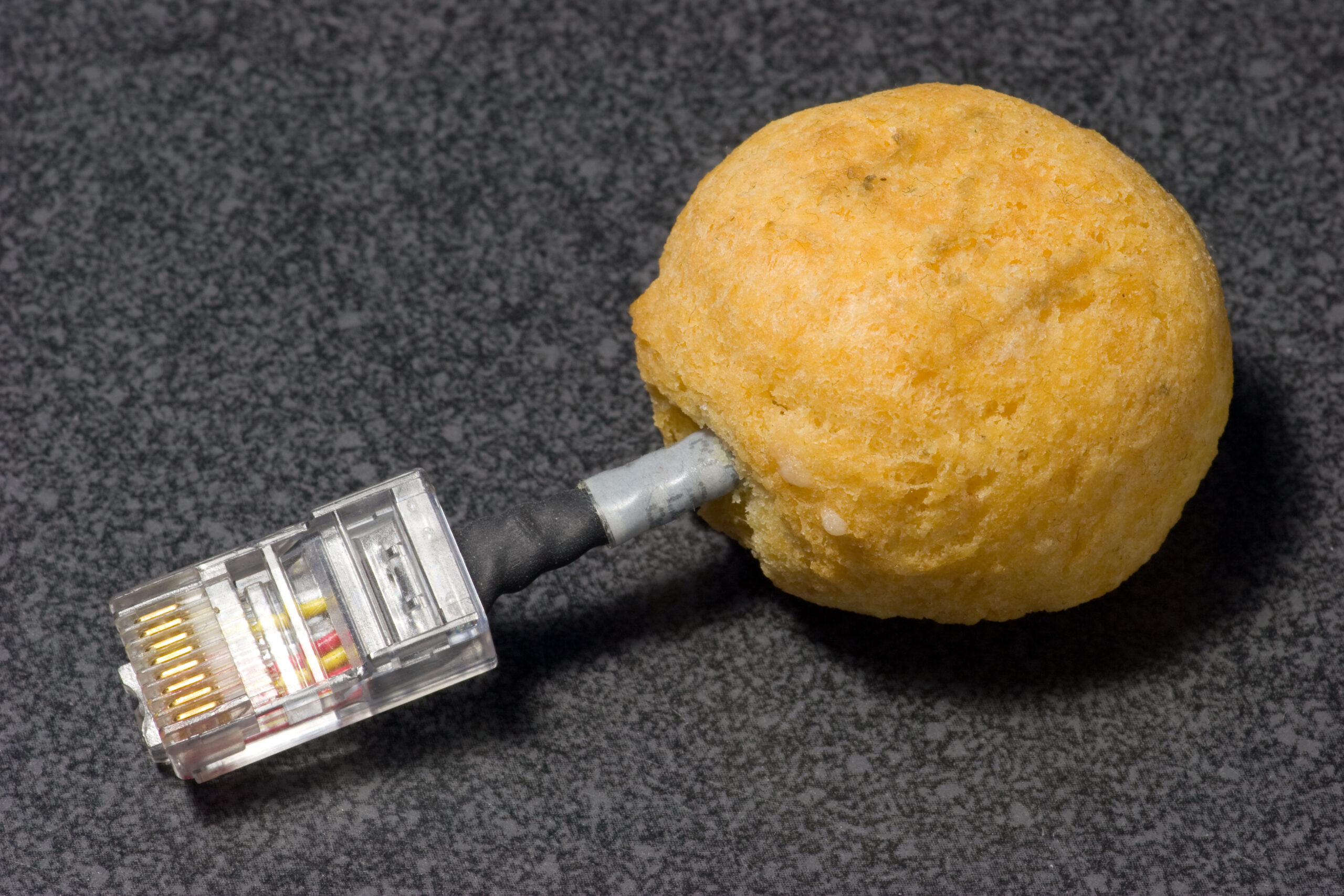 The Doughnet Adapter, as seen on 15-Jul-2008. This was assembled in 2000 or 2001 from a Compaq loopback adapter and Dunkin Doughnuts doughnut hole. The N label (done in Sharpie) has faded with time.