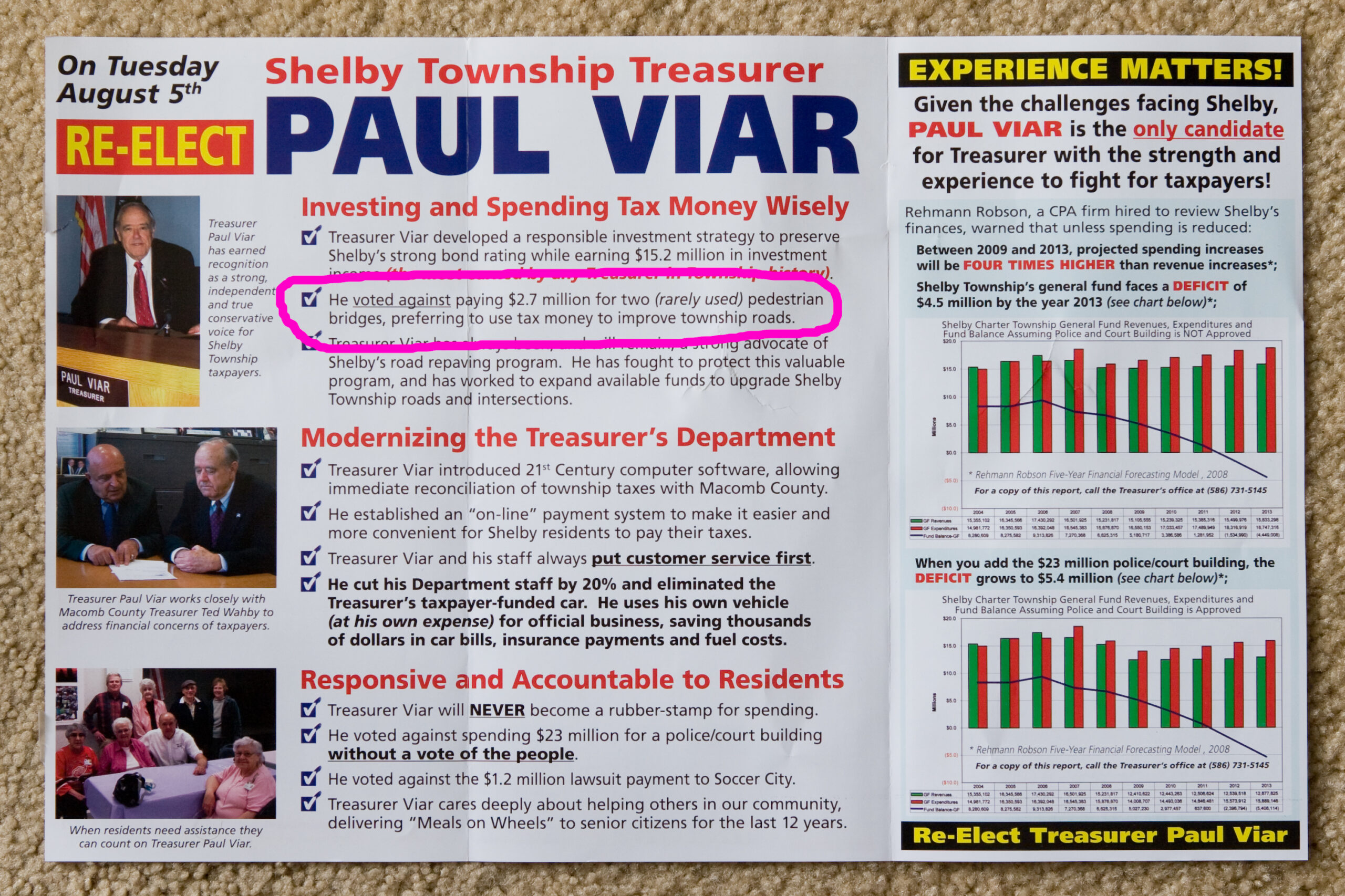 Paul Viar, running for re-election as Shelby Township Treasurer in 2008 voted against the two local pedestrian bridges which make it safe for me to bike westward.