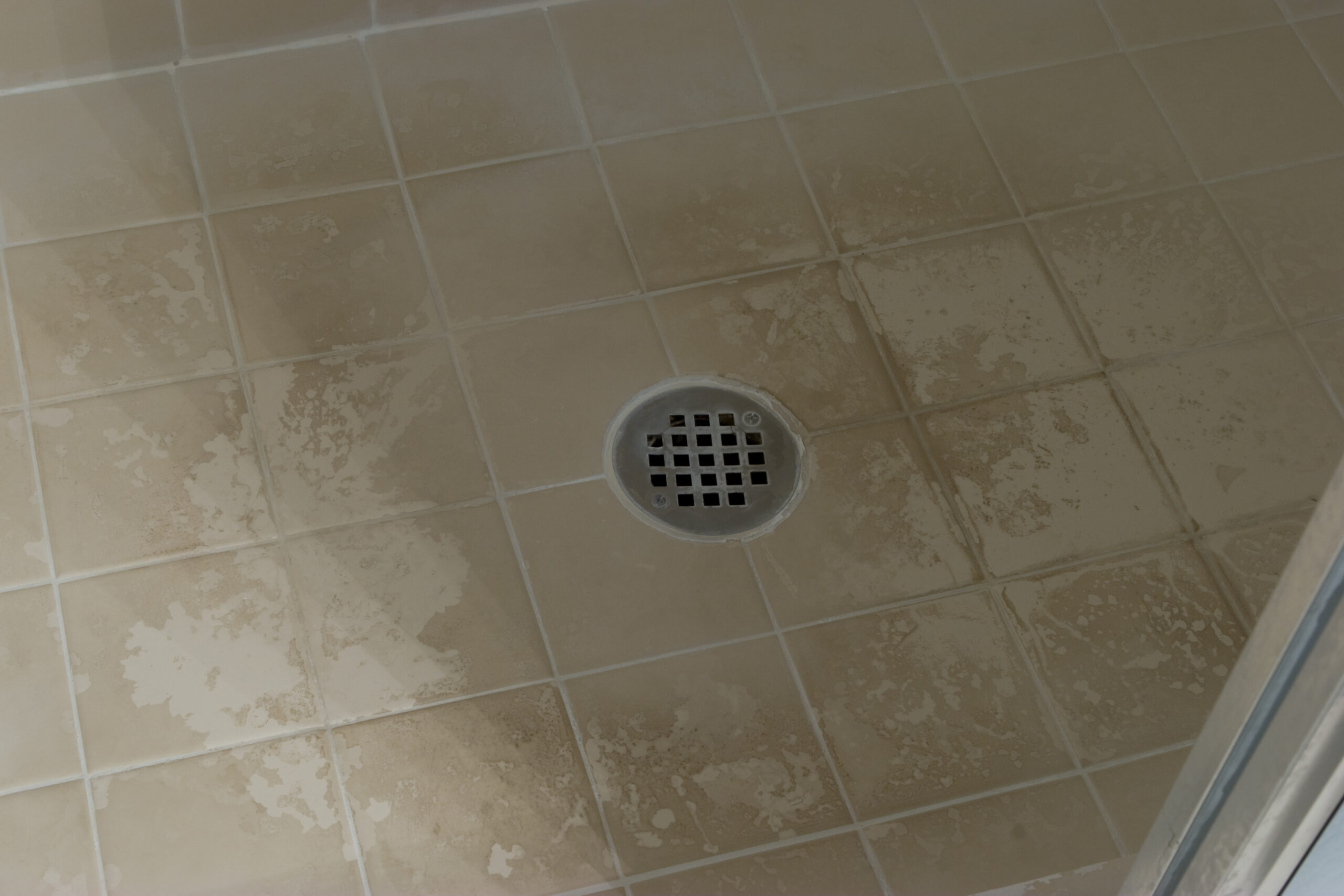 Soap scum on the floor of my shower after many months of not cleaning the bathroom. I am fascinated by where the deposits are and where they aren't.
