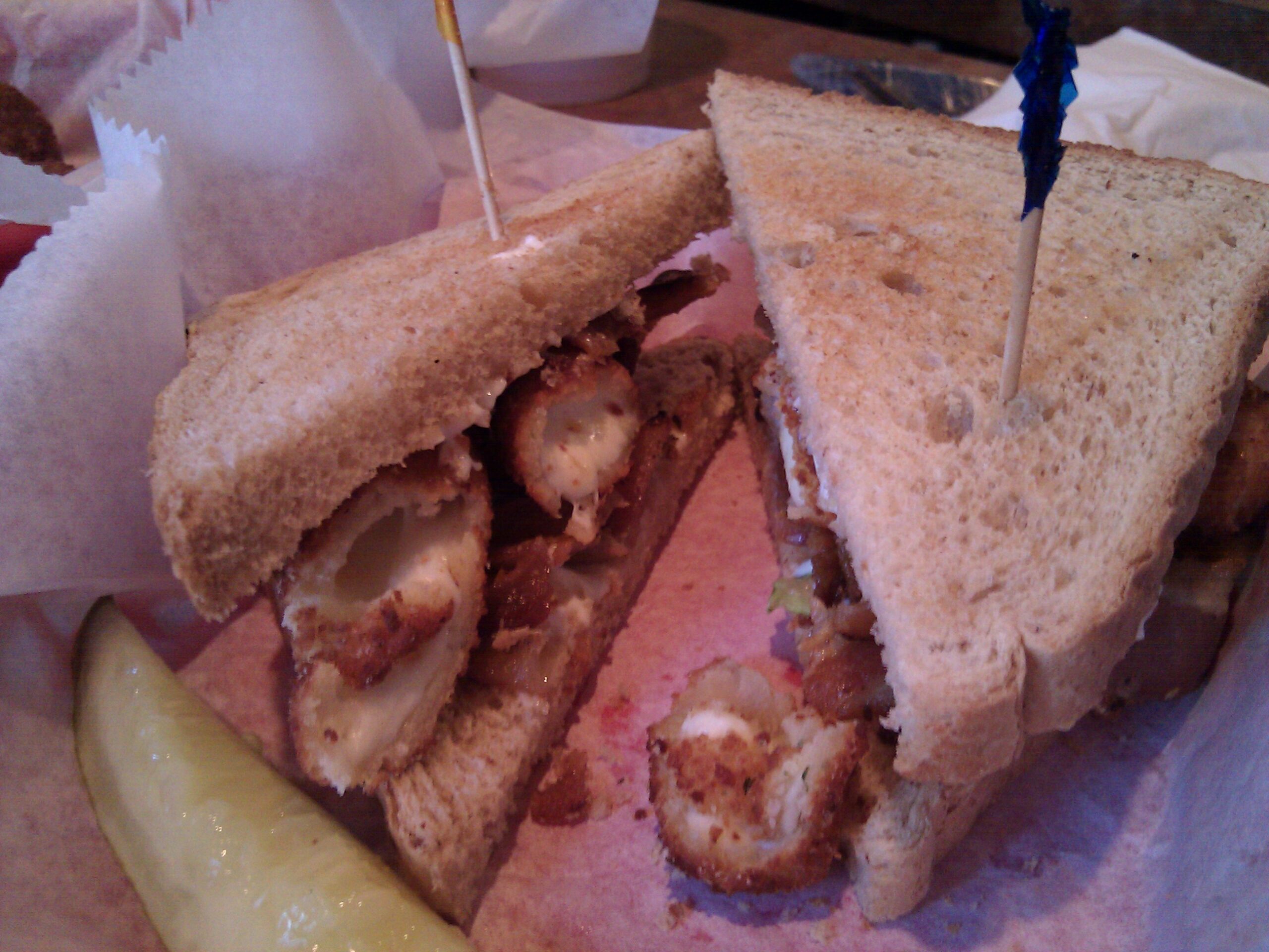 Tree Farm Sandwich at Lakeview Bar & Grill. This is two cheese sticks, bacon, and mayo on toasted bread.