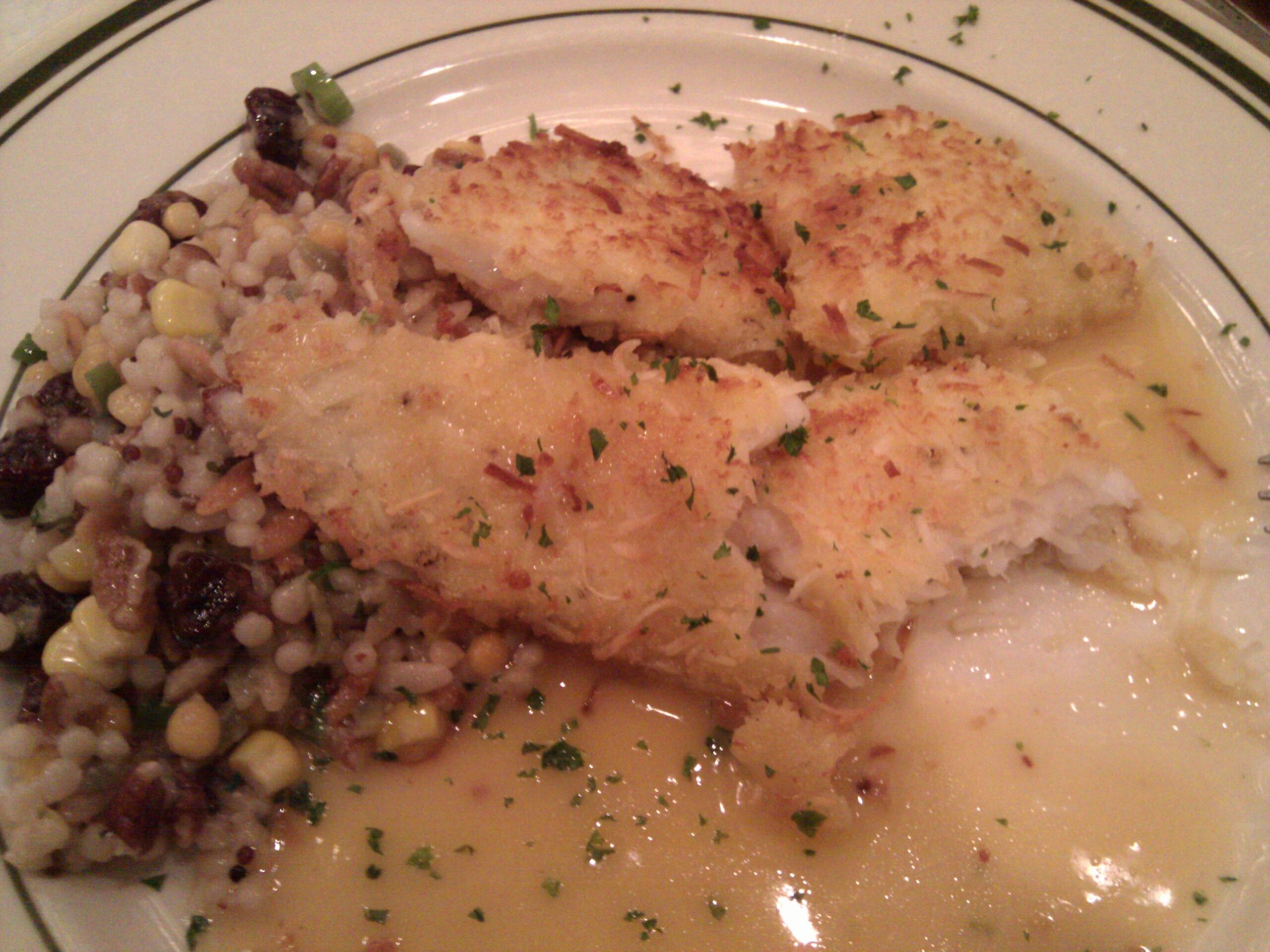 Coconut encrusted flouder and dried cherry and sweet corn couscous from Kruse and Muer in the Village in Rochester Hills, MI. It was very, very good.