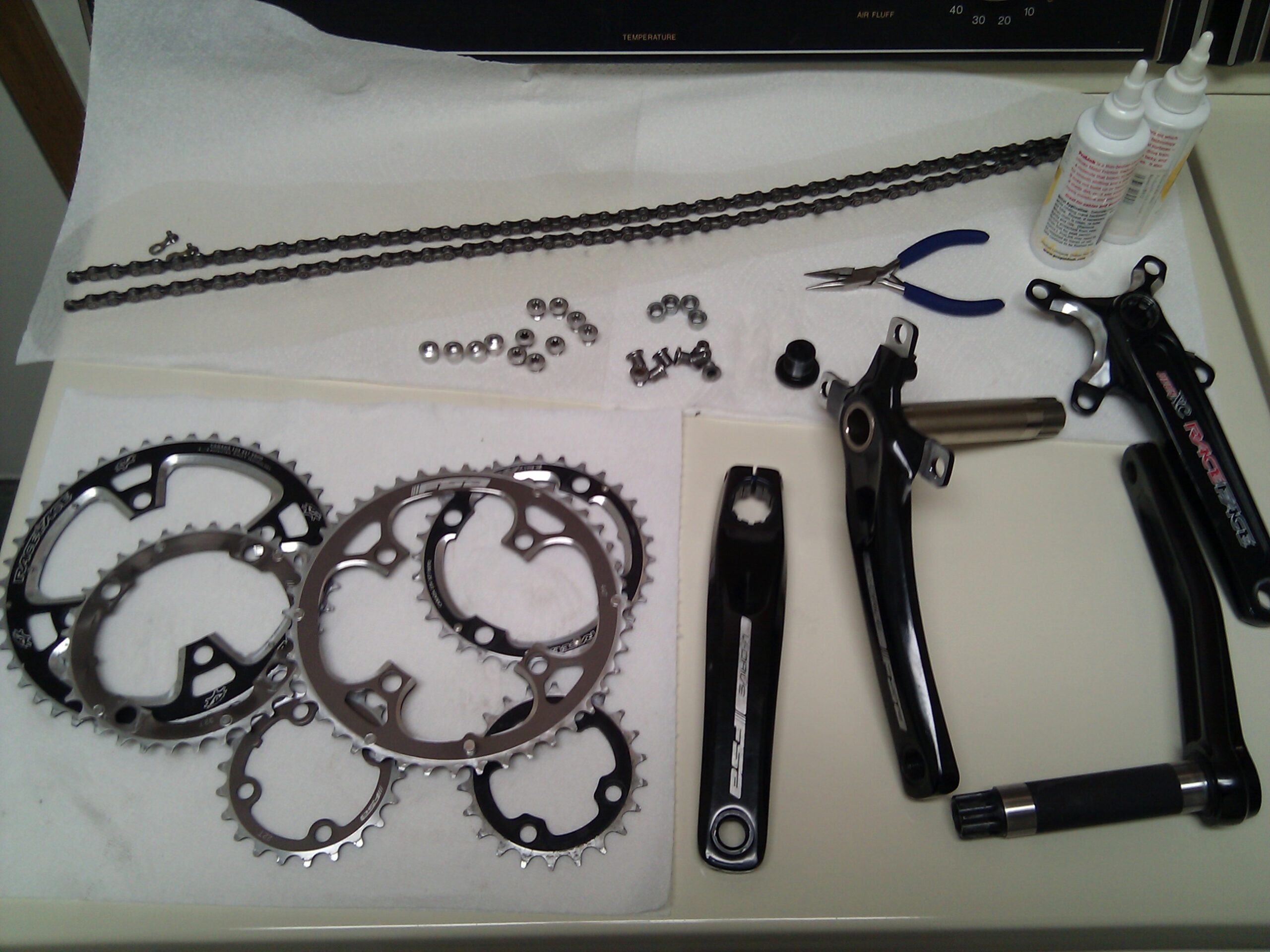 Washing cranksets from my two bikes before doing some drivetrain maintenance.