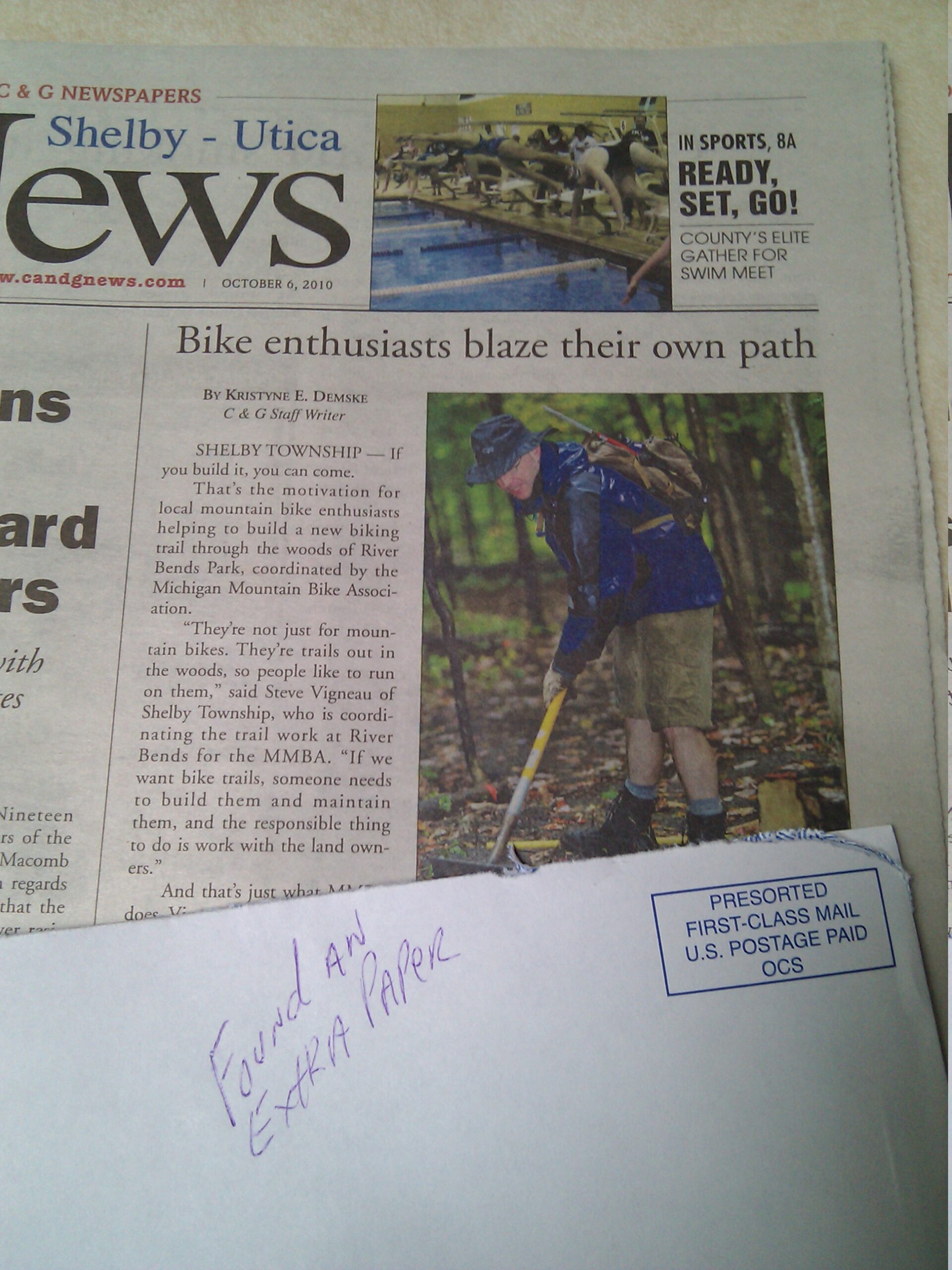 The mailman found a spare copy of the newspaper with me on it and placed it in my mailbox, leaving a note on another piece of mail.