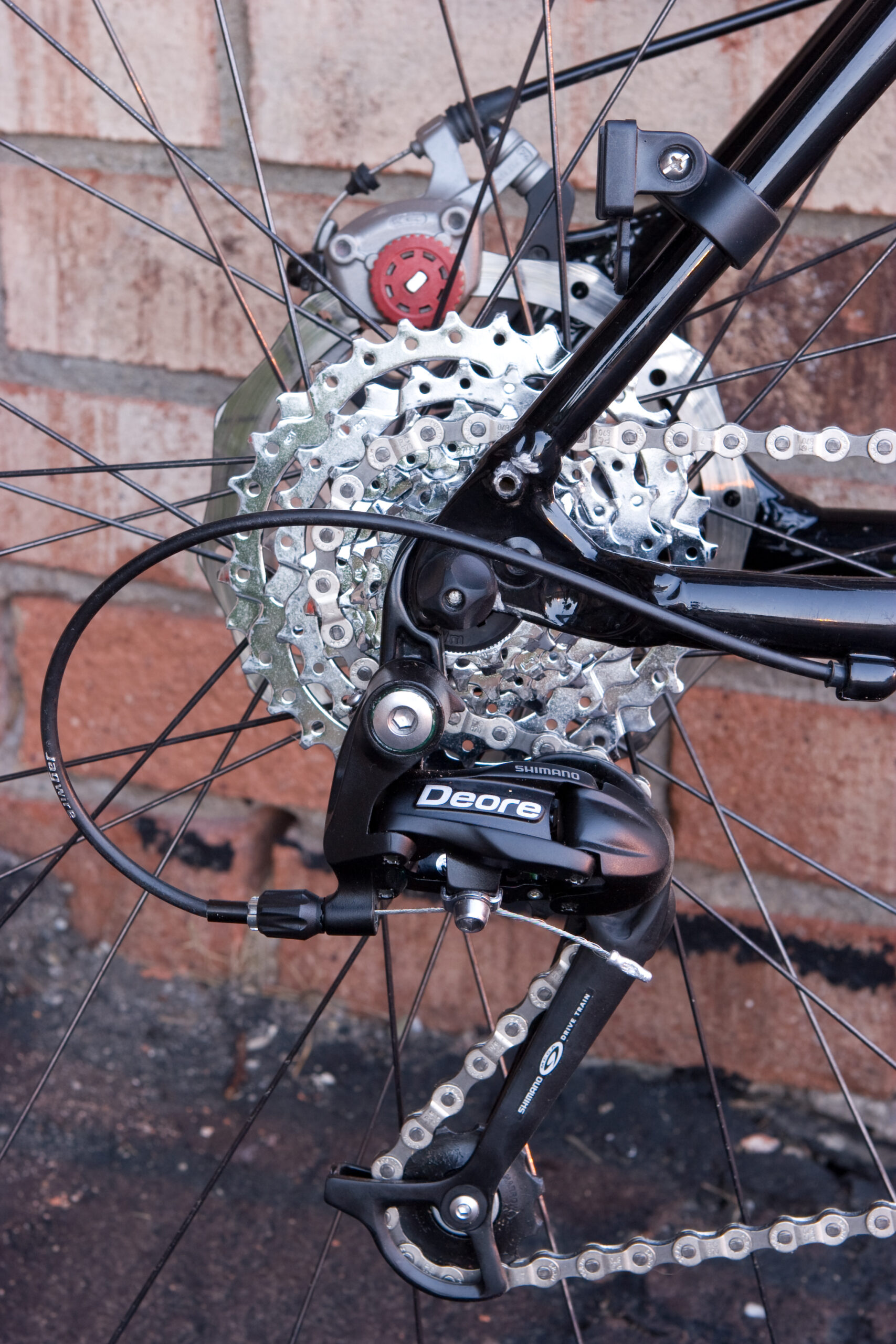 The rear of my bike, with new a SRAM PG-850 cassette, SRAM PC-870 chain, and Shimano Deore RD-M531-L rear derailleur.