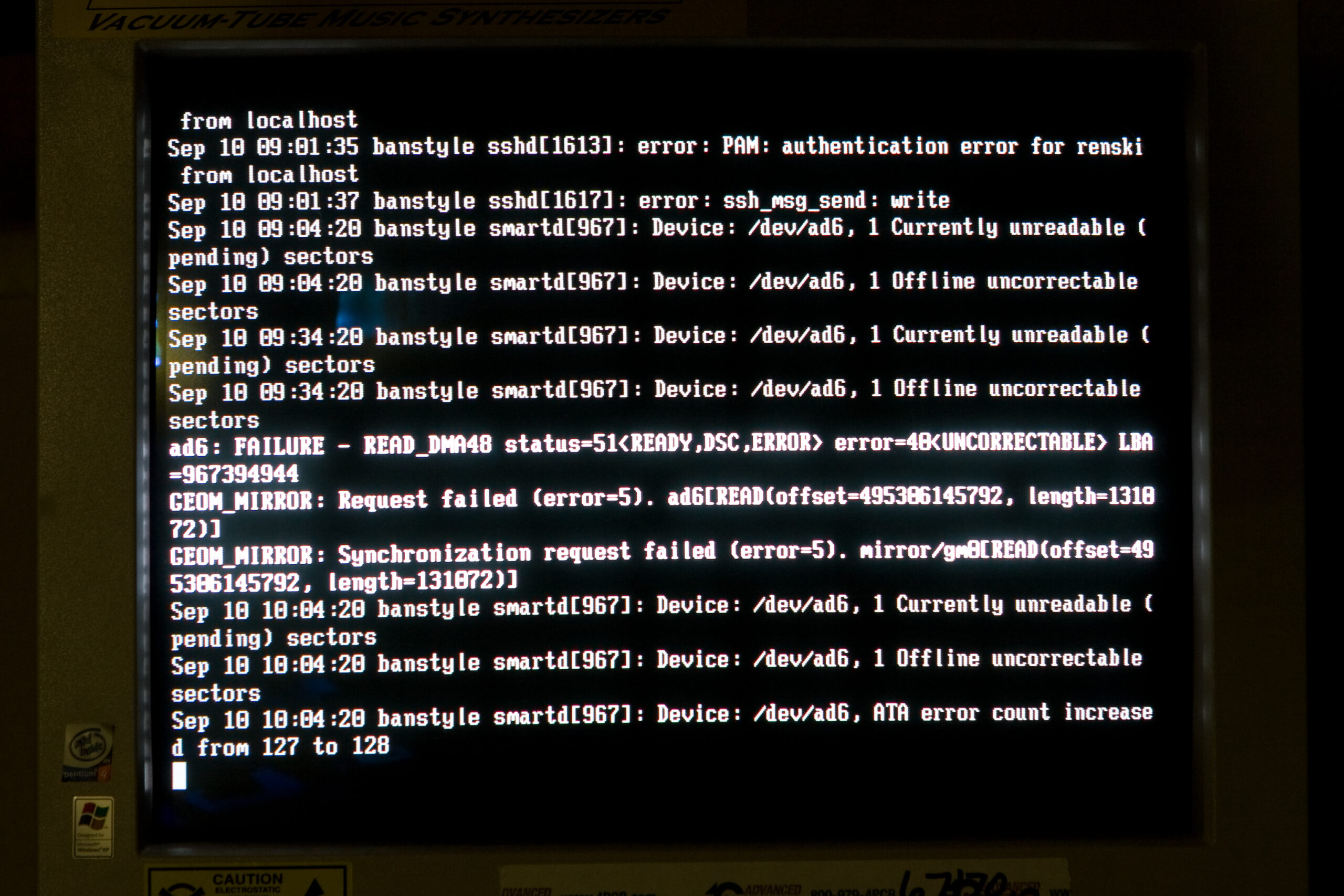 Error messages on the console showing that ad6 is actually failing hard. Good thing I ordered replacement disks.