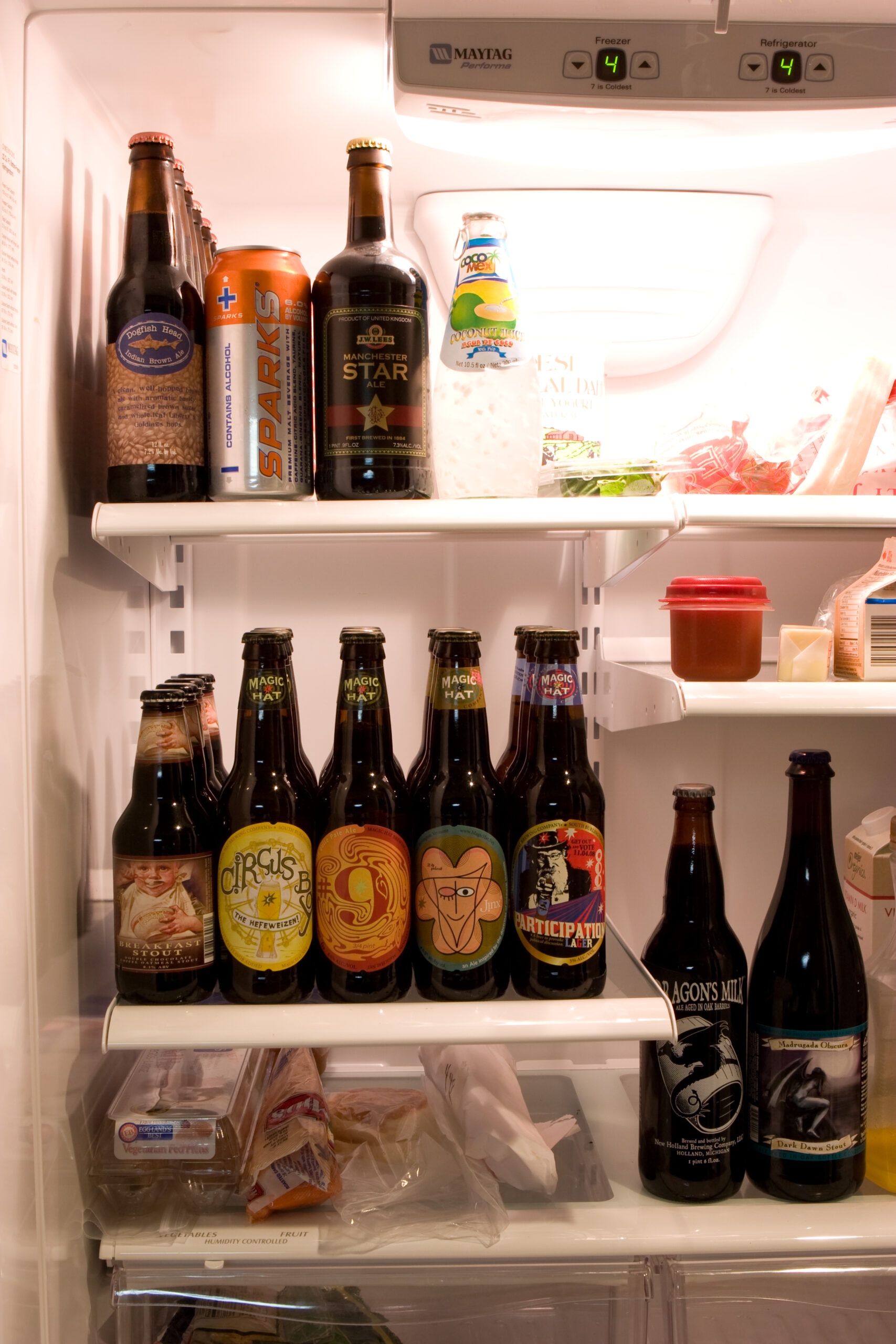 A fridge full of beer for when friends visit. There is stuff from Dogfish Head, JW Lees, New Holland, Founders, Magic Hat, and Jolly Pumpkin.