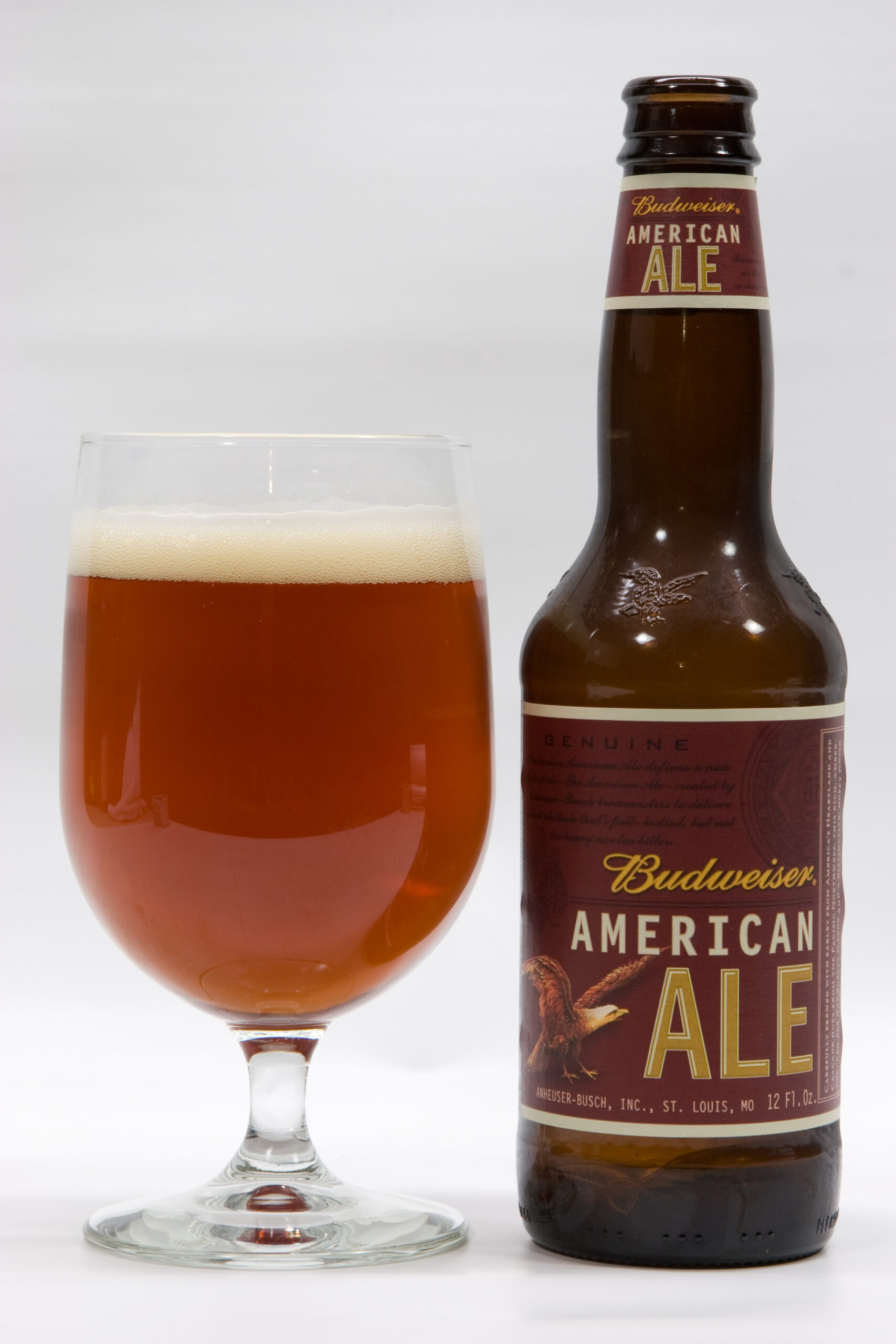 Budweiser American Ale poured into a glass. This is actually quite good for a macrobrew beer. Just as good as Sam Adams beers.