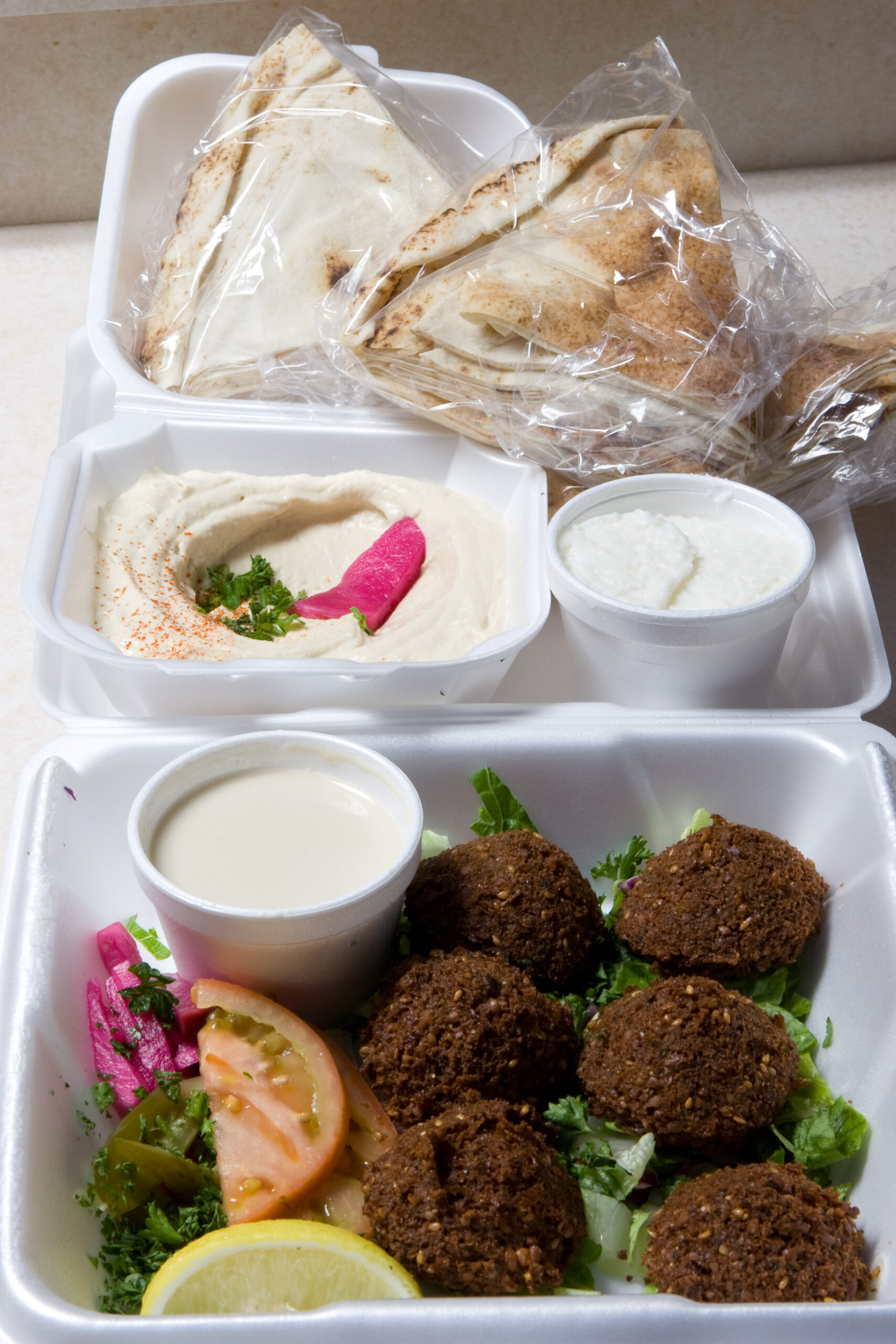 Falafel, hummus, and garlic from Lebanese Grill in Shelby Township, MI.
