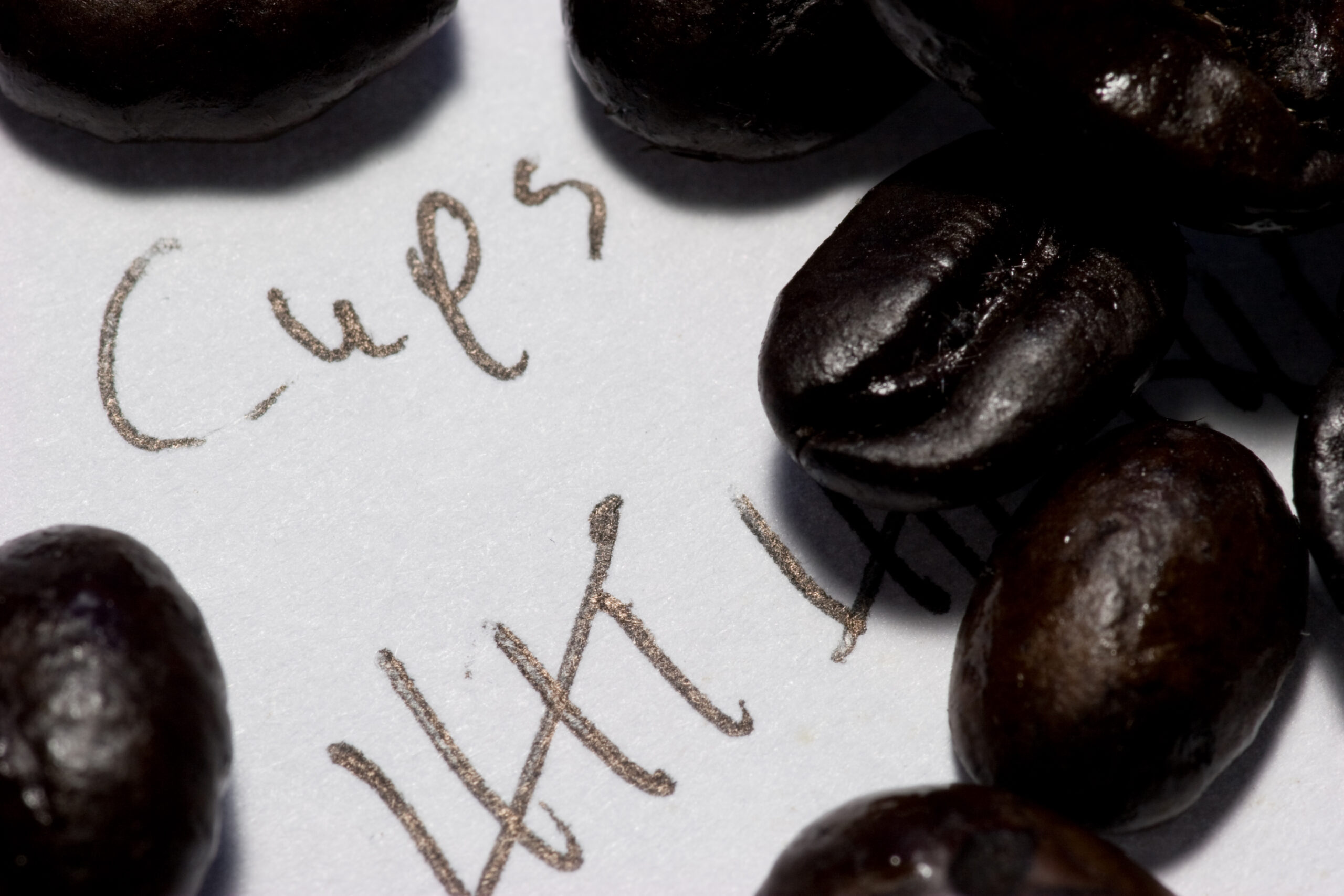 Coffee beans and the sheet of paper on which I tracked how many cups can be made from two pounds of beans.