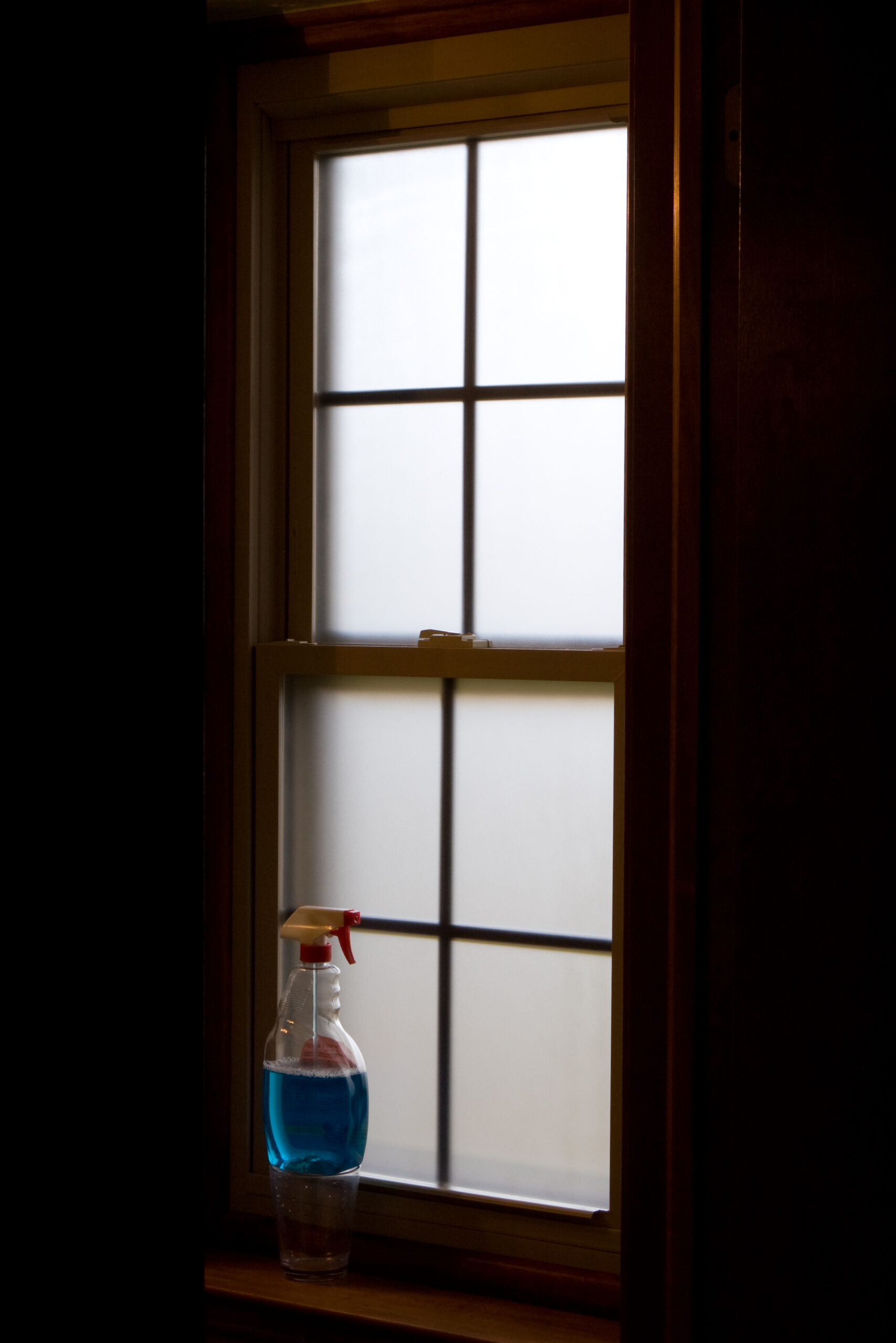 Window from inside after painting with Rust-Oleum Frosted Glass spray paint showing the location of the glass cleaner bottle demonstrated in the previous image. This should work well.