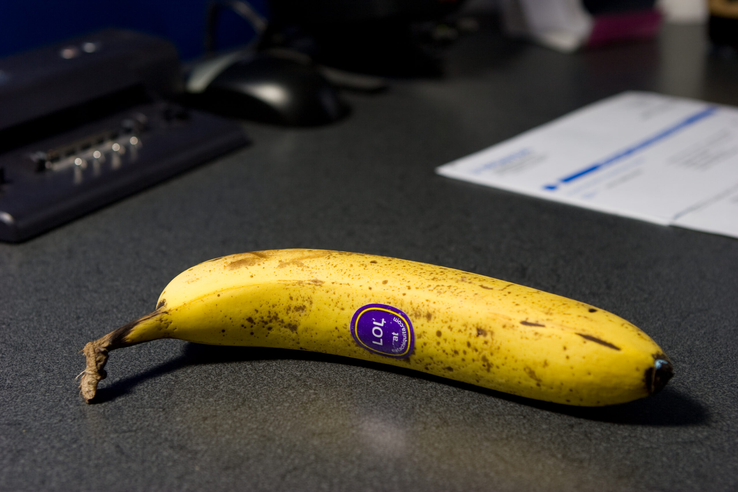 Today's banana came festooned with a LOL sticker. It was a very tasty, perfectly ripe banana.