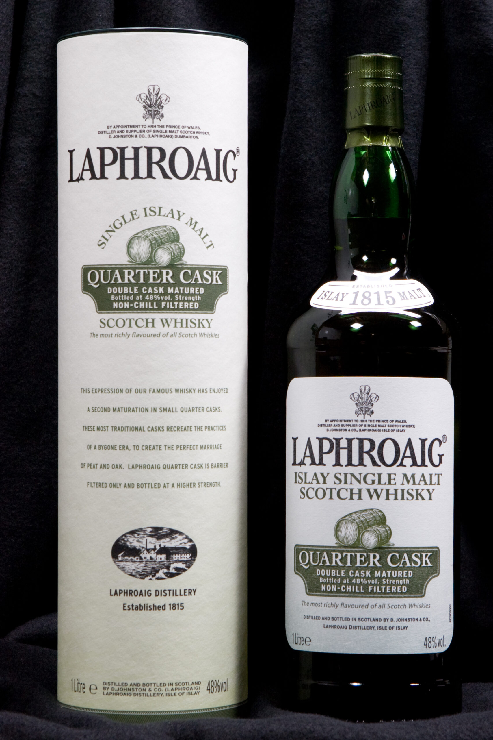 Laphroaig Quarter Cask, 1L, purchased at the Duty Free shop in Heathrow Airport for £30.99.