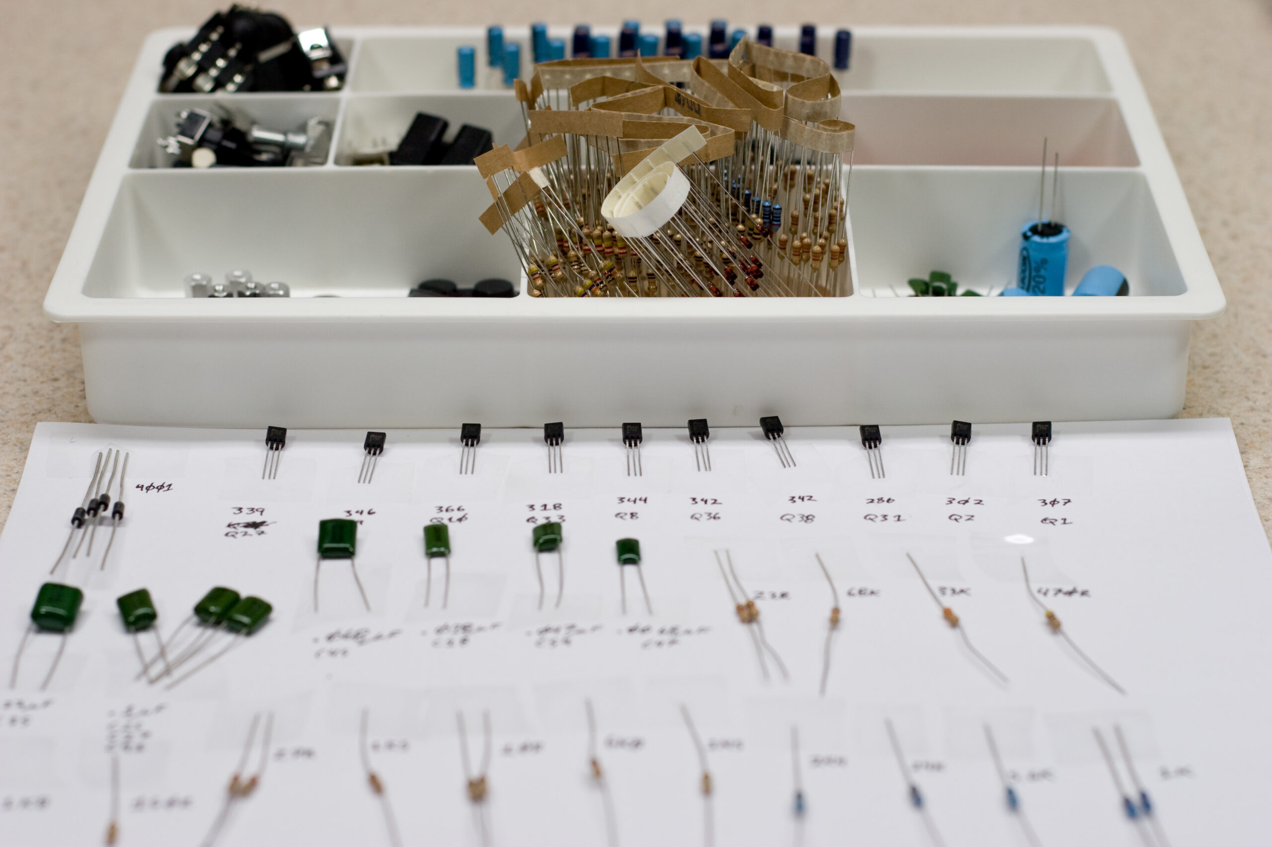 Parts have been checked against the BOM and sorted, the 2SA733 transistors sorted by hFE, and assembly can now begin.