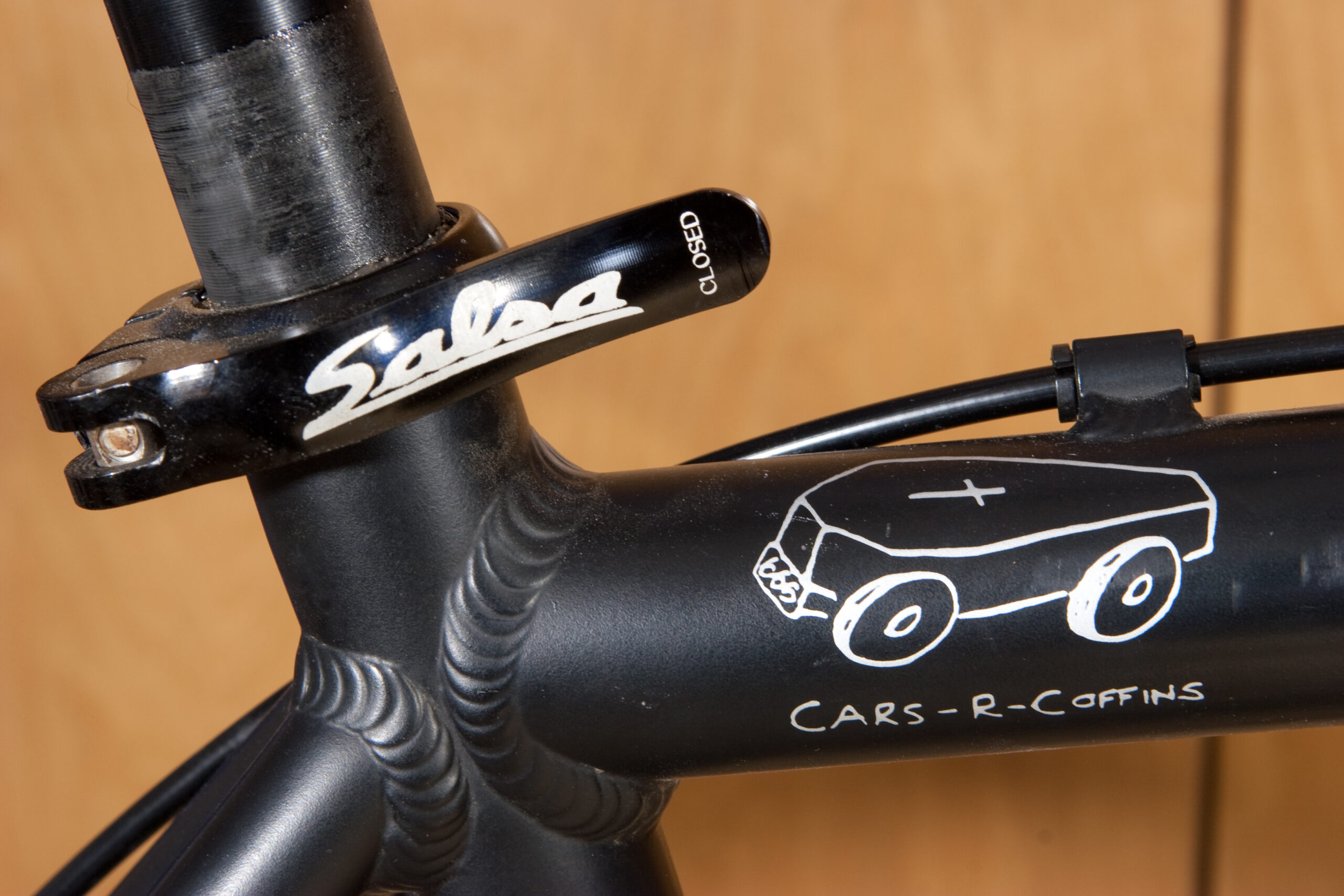 Detail of the Salsa seat clamp on the Bianchi D.I.S.S., along with the Cars-R-Coffins art.