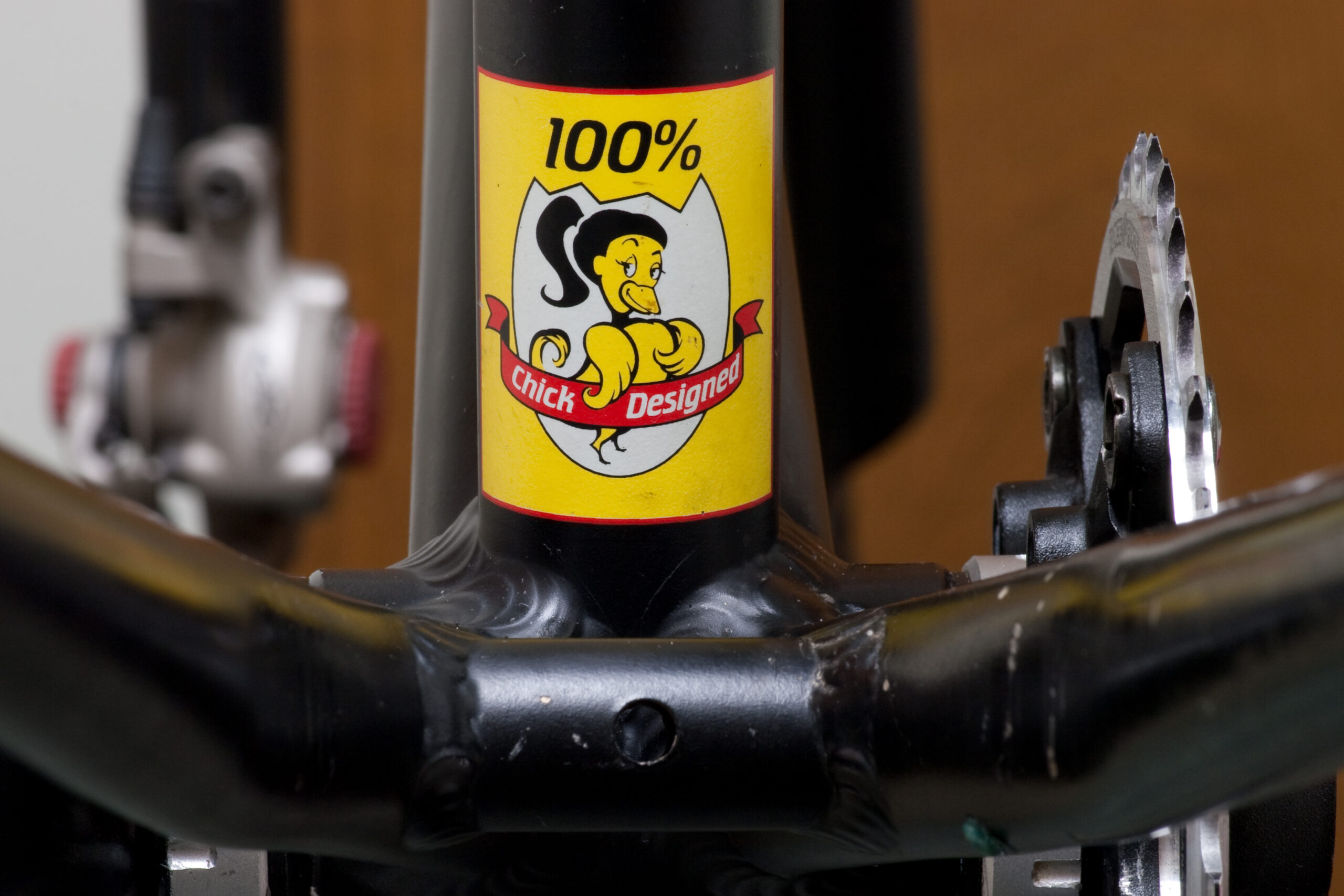 Bianchi's 100% Chick Designed logo on the bottom rear side of the seat tube of the D.I.S.S., indicating that this frame was designed by Sky Yaeger.