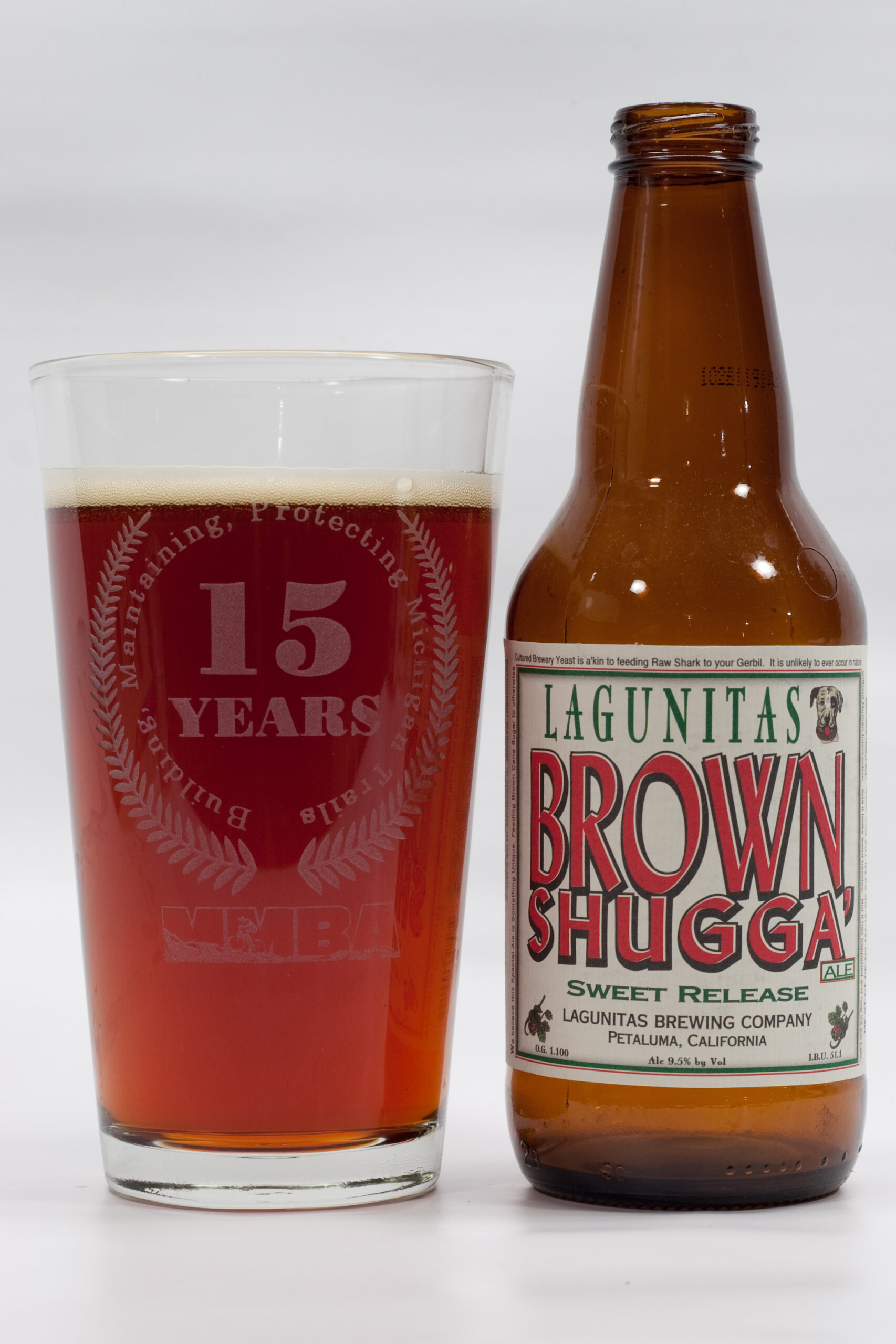 Lagunitas Brewing Co's Brown Shugga Ale, poured into an MMBA pint glass. This is nicely hoppy, and has a very obvious brown sugar taste. It's great.