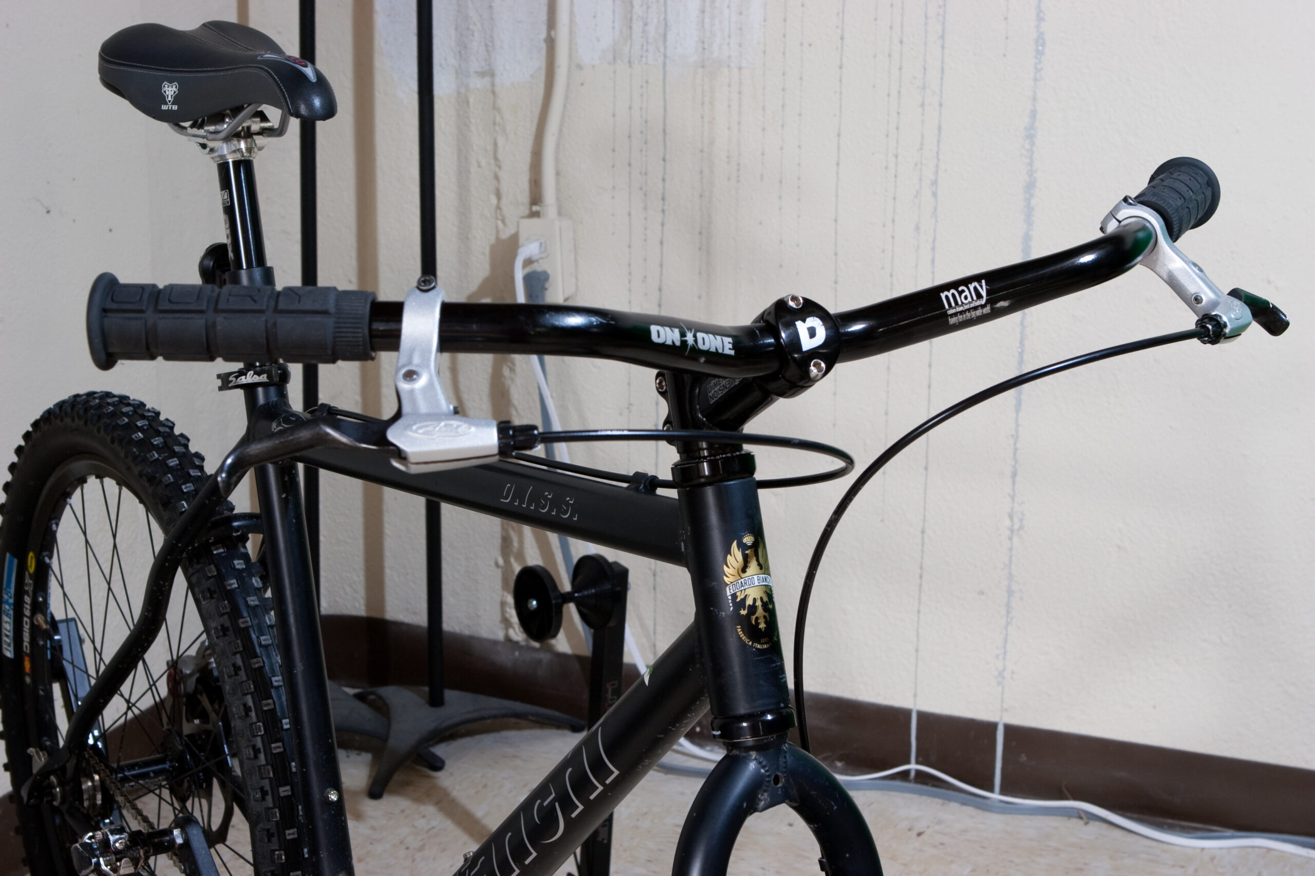 Bob's On-One Mary Bar on my Bianchi D.I.S.S. single speed, waiting for the alcohol under the Oury grips to dry.