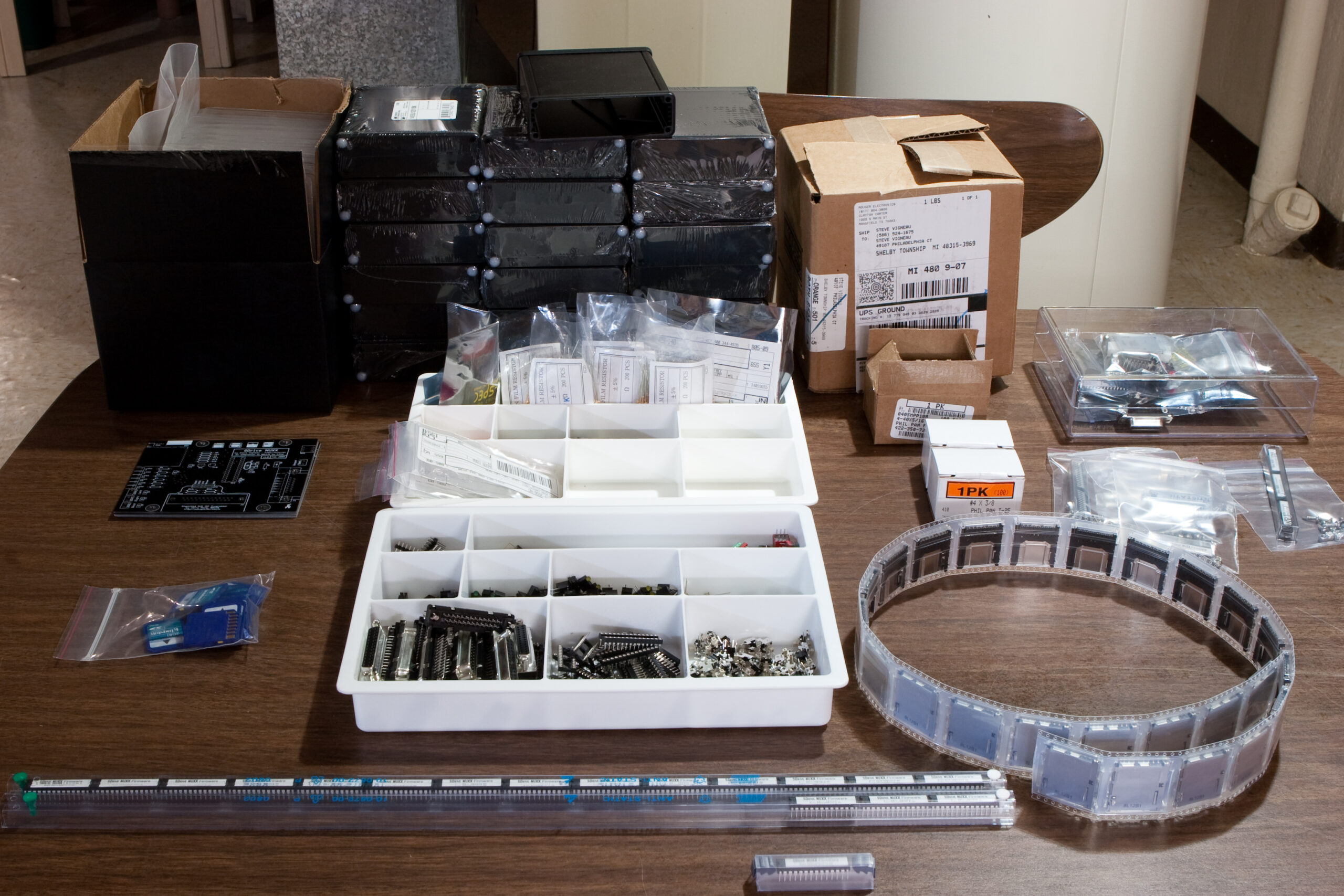 All the SDrive NUXX parts, except for the PCBs and enclosures, sitting sorted and ready to go.