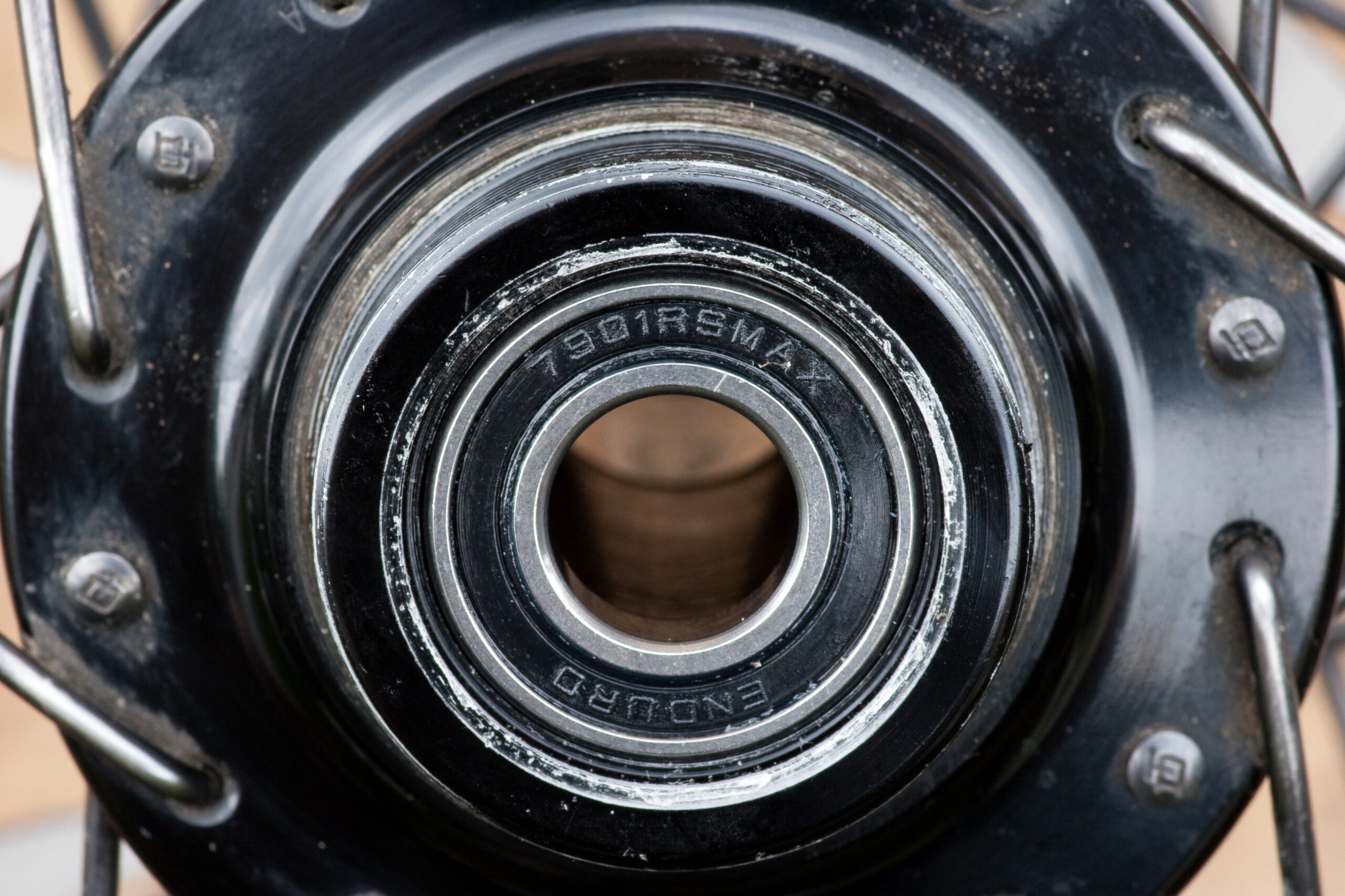 Enduro Bearings' 7901 2RS MAX bearing fitted in a Surly New rear disc hub. The black seal is facing out, per Surly.