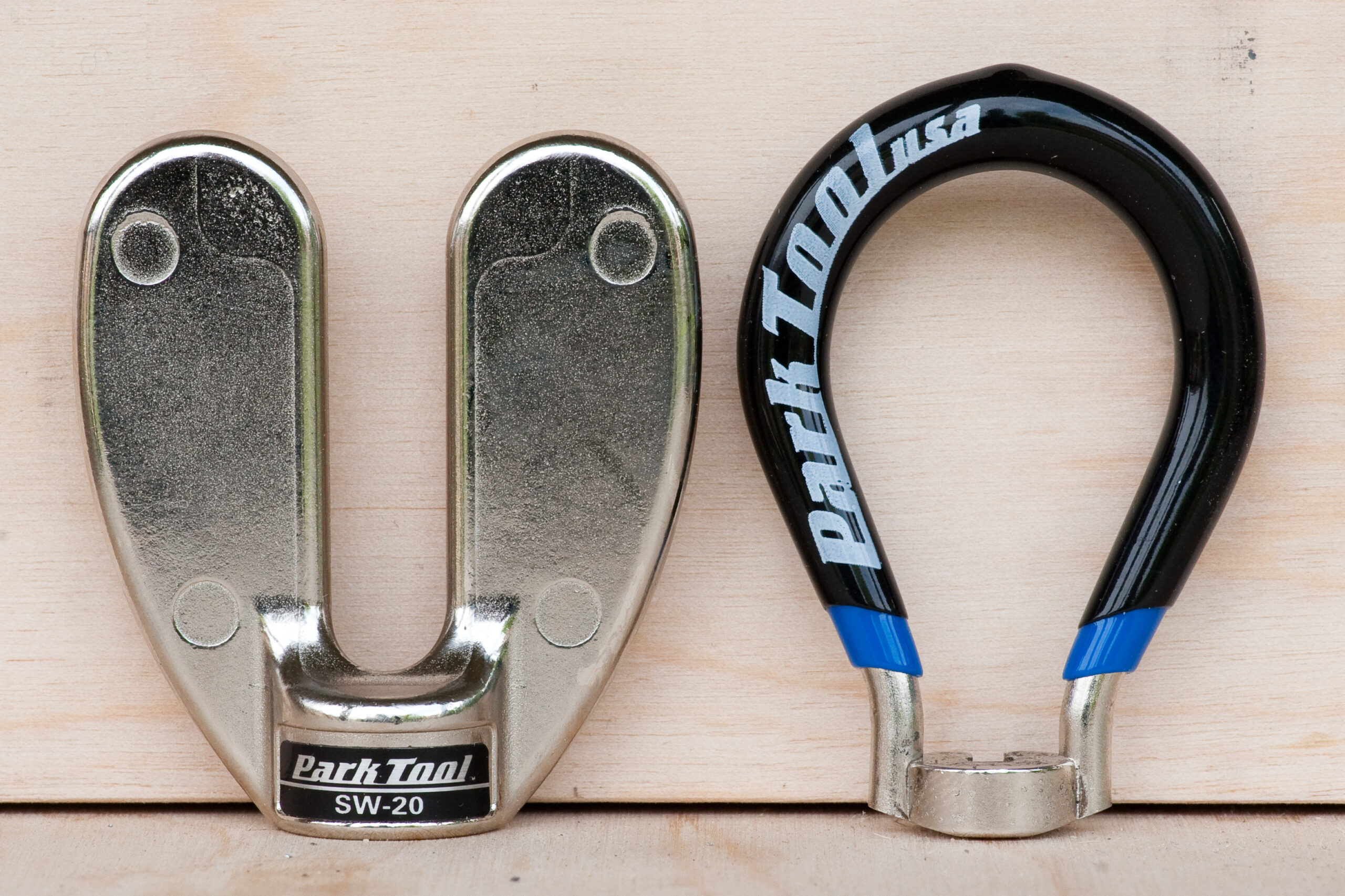 Park Tool SW-20 (right) spoke wrench which I was sent after complaining to Park Tool that the SW-40 bound on spokes and did not work well.