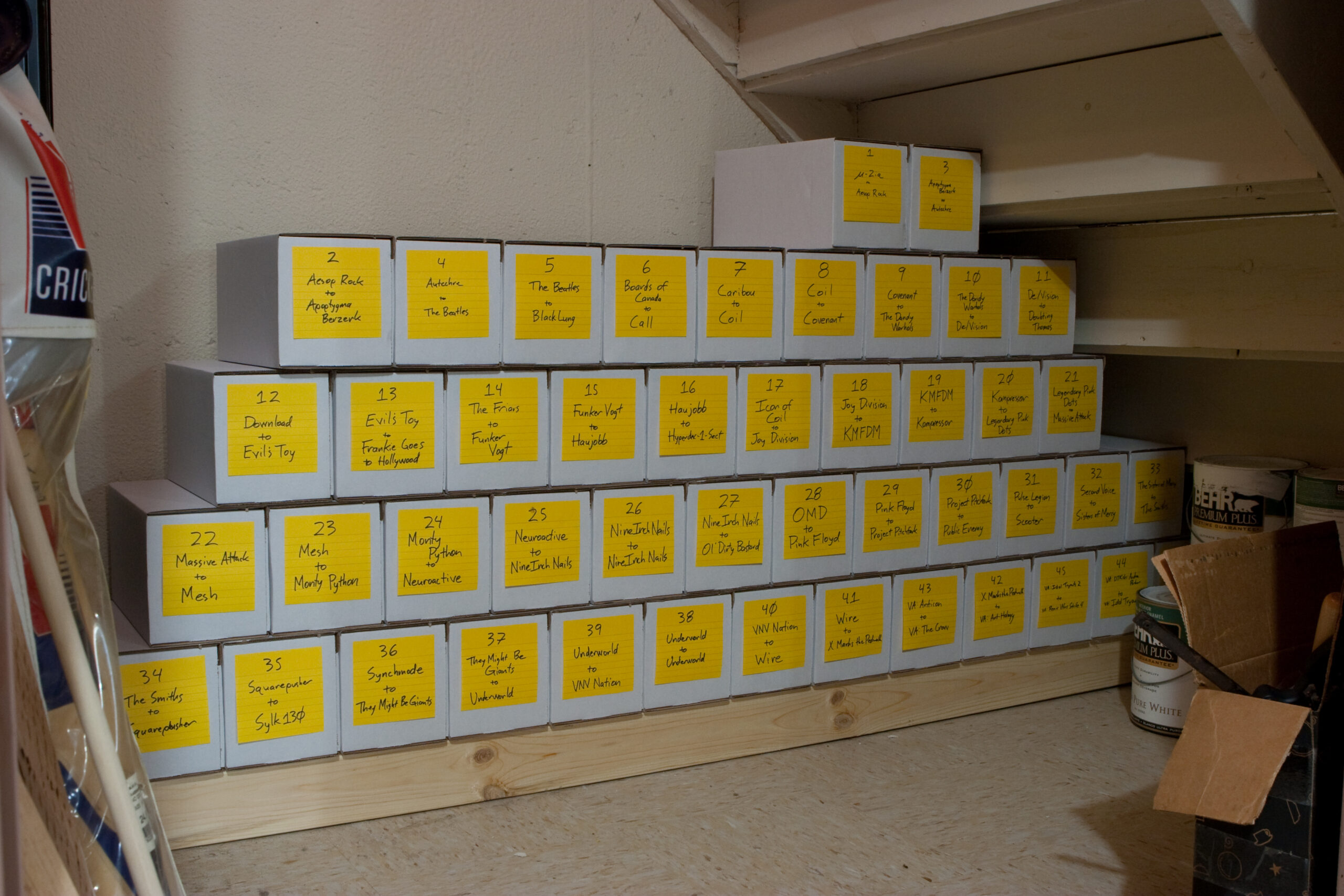 All my CDs, removed from the rack, boxed, and placed in a closet beneath the stairs.