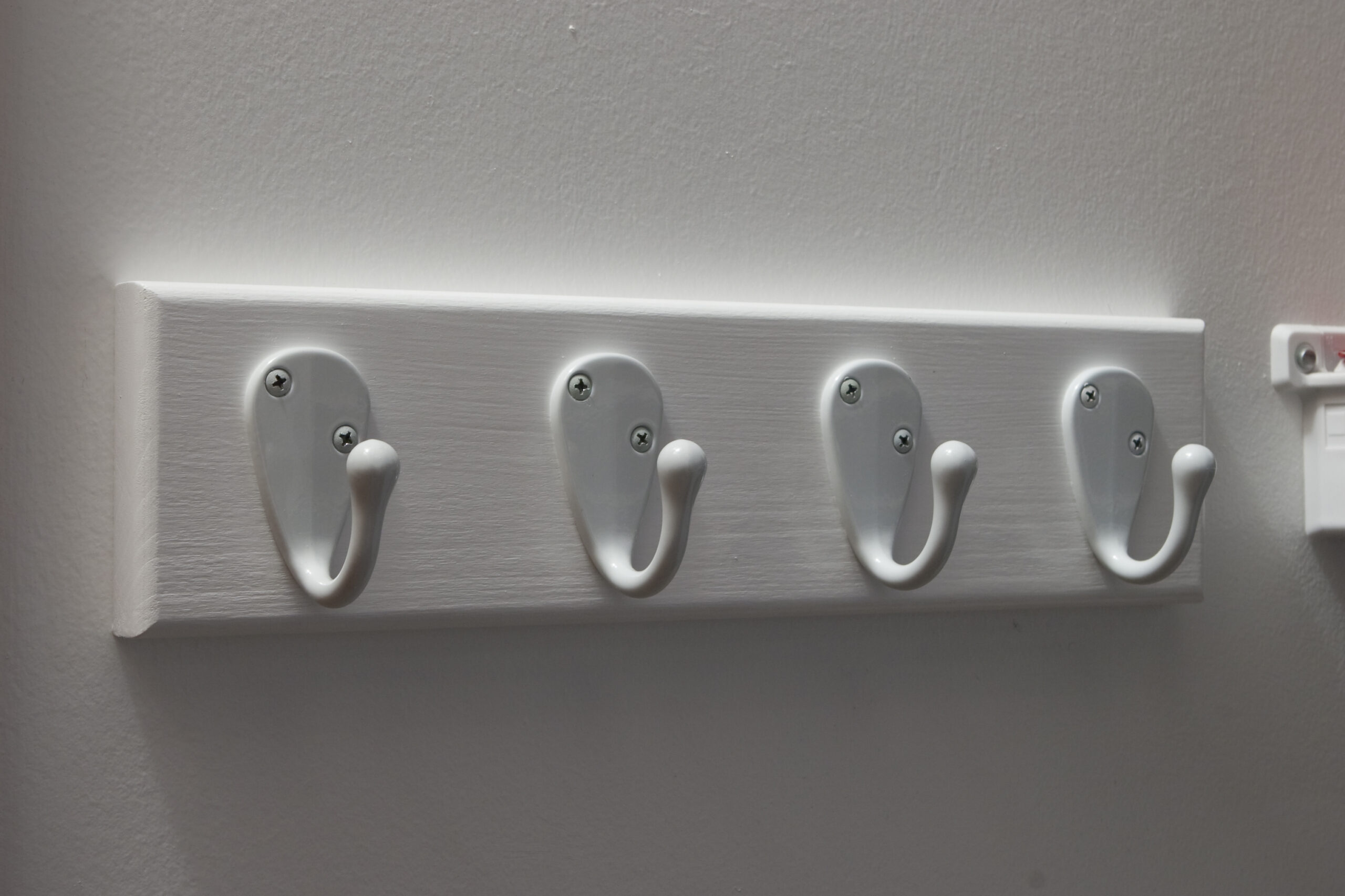 Four sturdy robe hooks hanging in the closet. Two sets of these were installed, one far above the other. The hooks are screwed to a piece of poplar which is toggle bolted to the drywall.