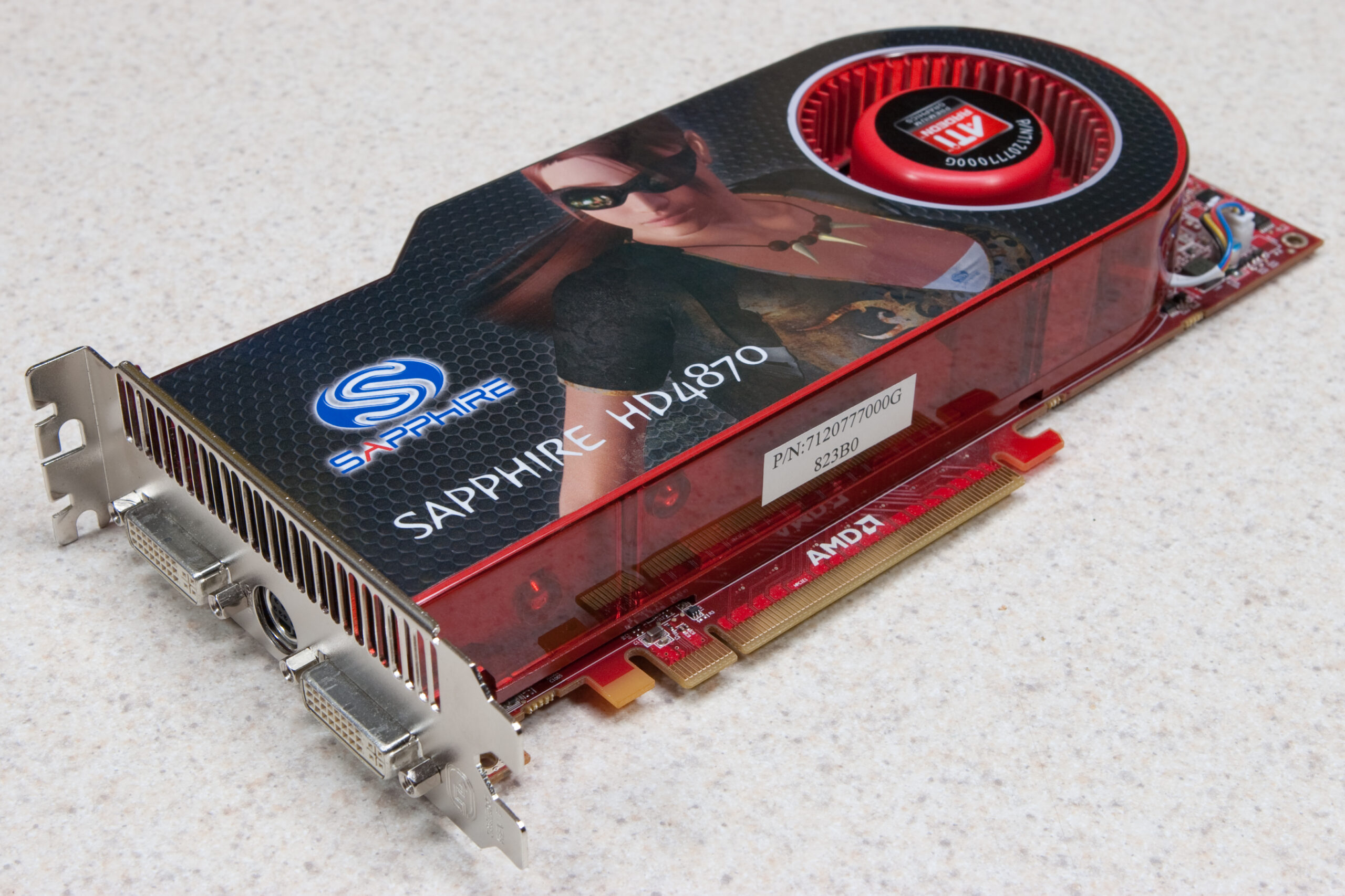 The 512MB Sapphire ATI Radeon HD 4870 itself. The AMD logo indicates that it is a reference design, which is supposedly very easy to flash for Mac Pro support.