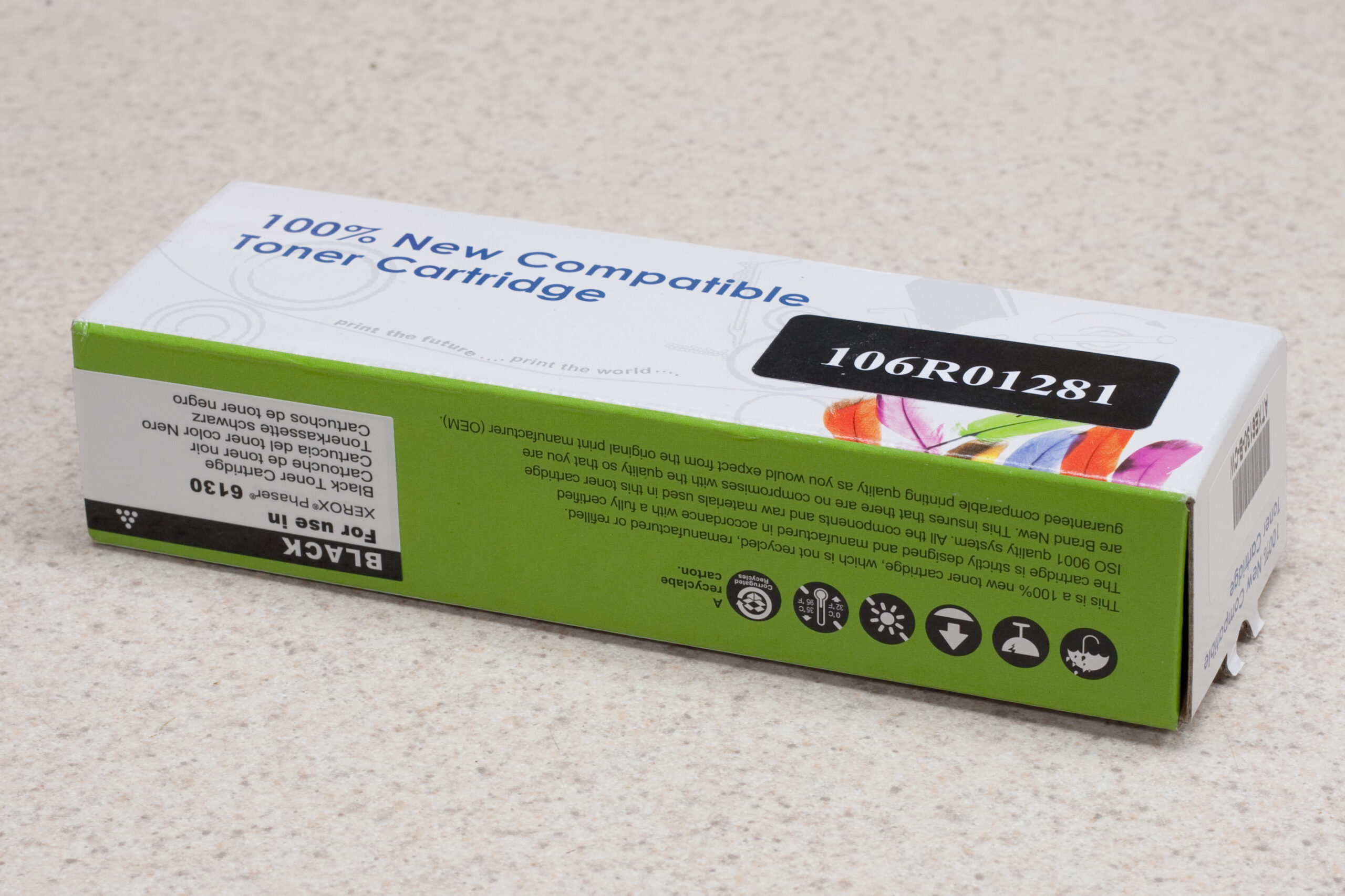 Black toner cartridge, model 106R01281, for a Xerox Phaser 6130. Purchased from Monoprice for US$17.72. At least for the first few pages it works great.