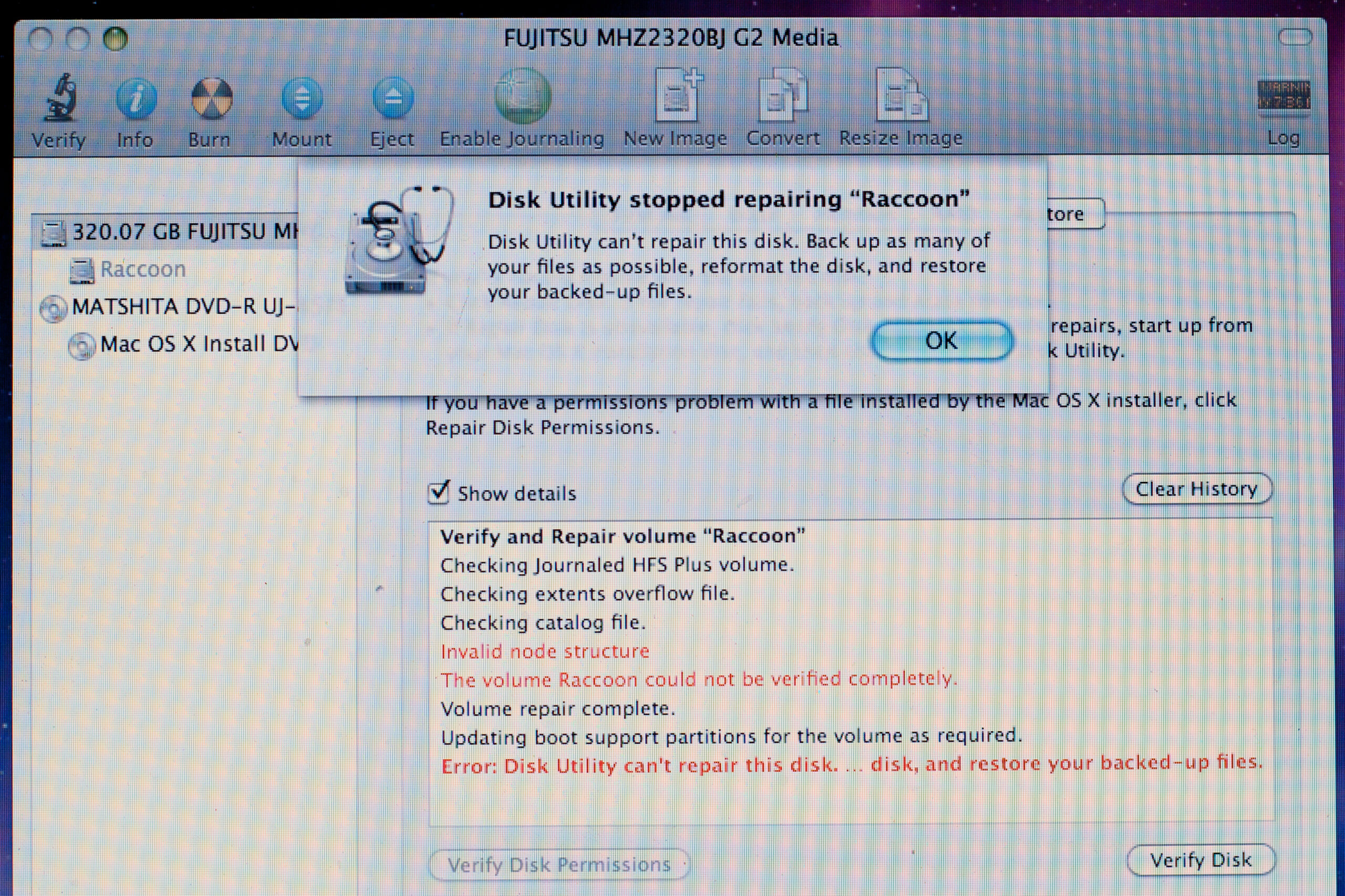When attempting to repair Danielle's hard drive offline the disk was labeled unrepairable and a reformat has been suggested.