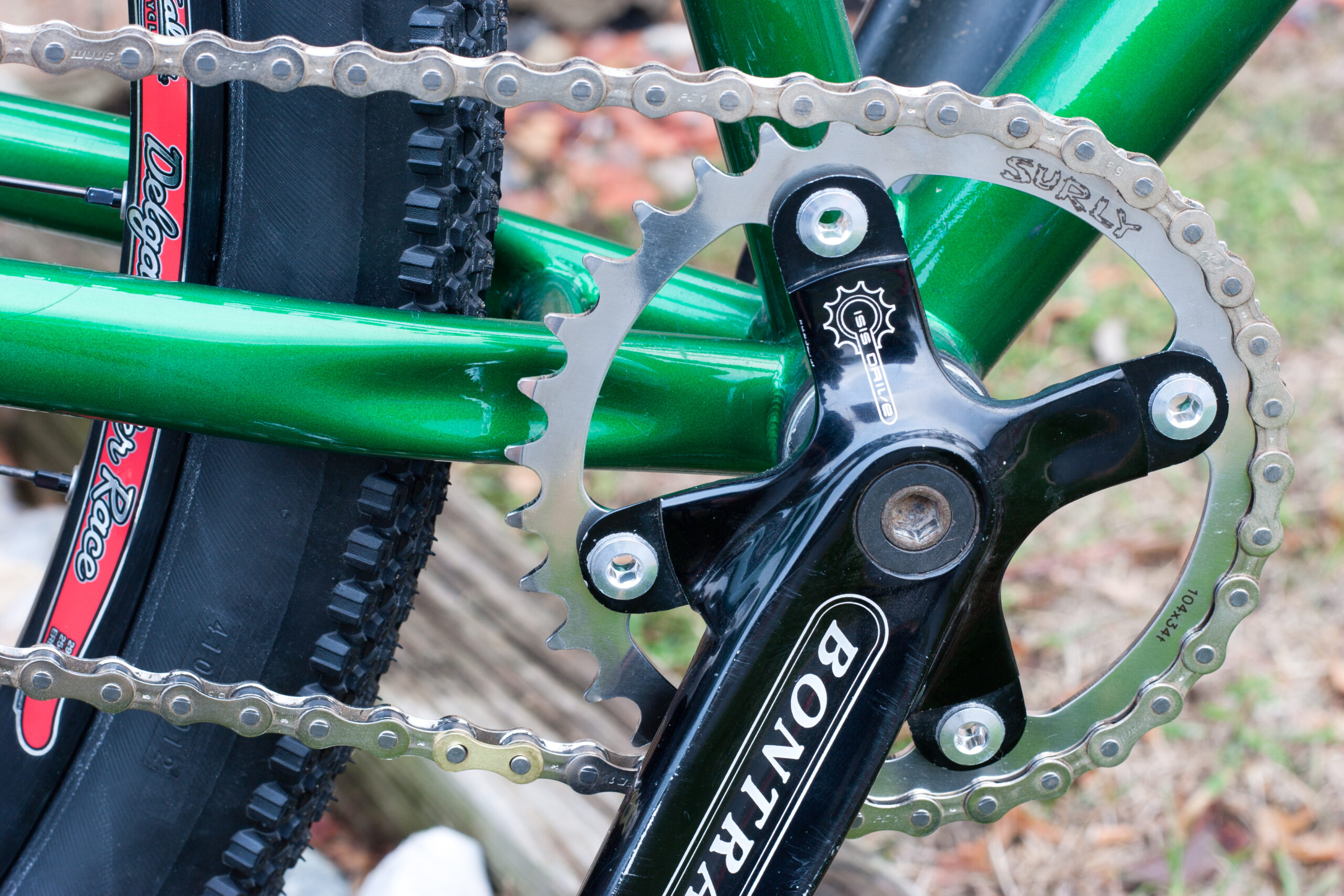 New Surly stainless steel 34 tooth chainring installed without the Salsa bash guard.