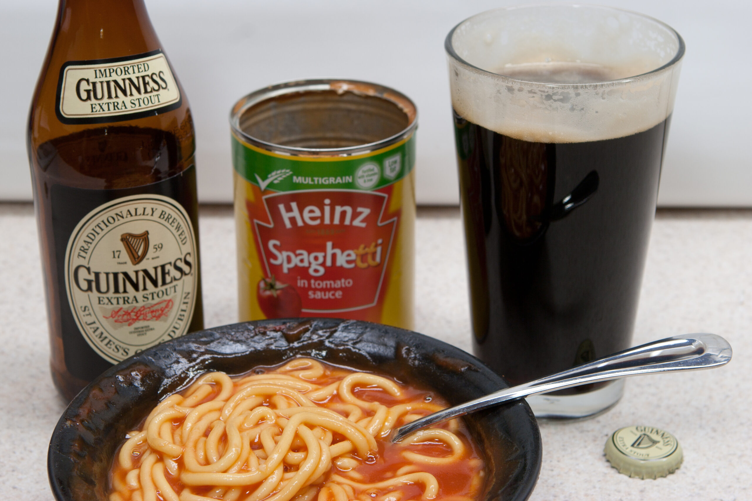 Heinz Spaghetti and Guinness Extra Stout.