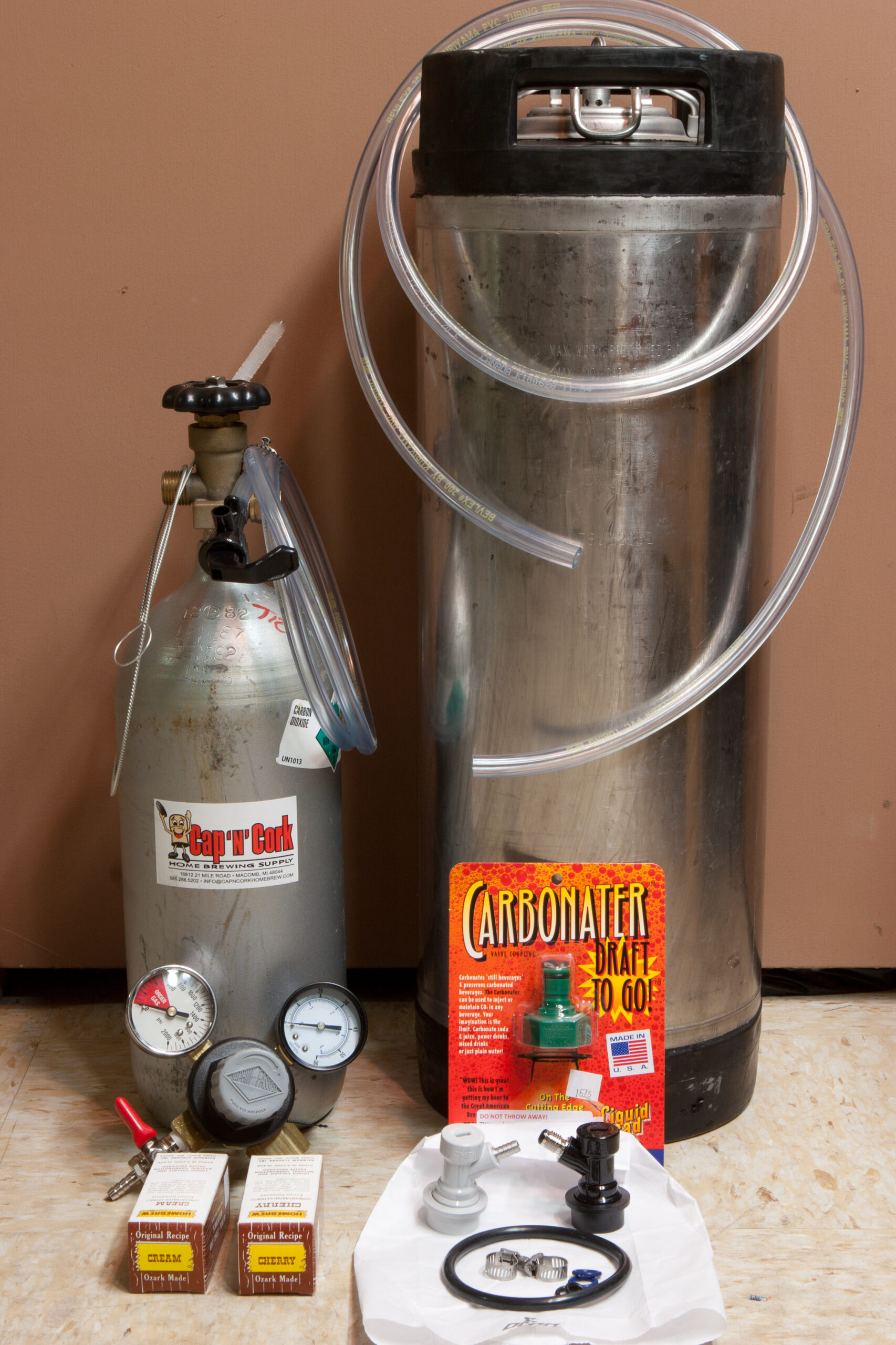 After a trip to Cap n' Cork I now have supplies for kegging and carbonating beer, soda, and other beverages.
