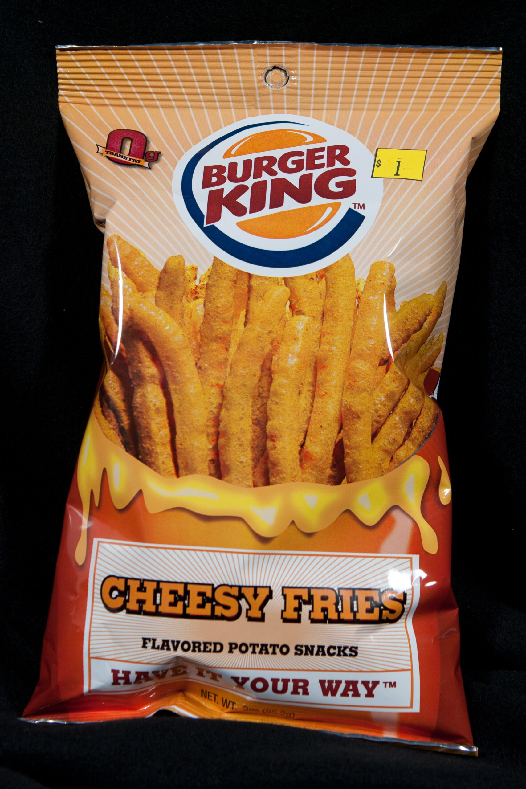 Bag of Burger King Cheesy Fries flavored potato snacks, purchased for $1.