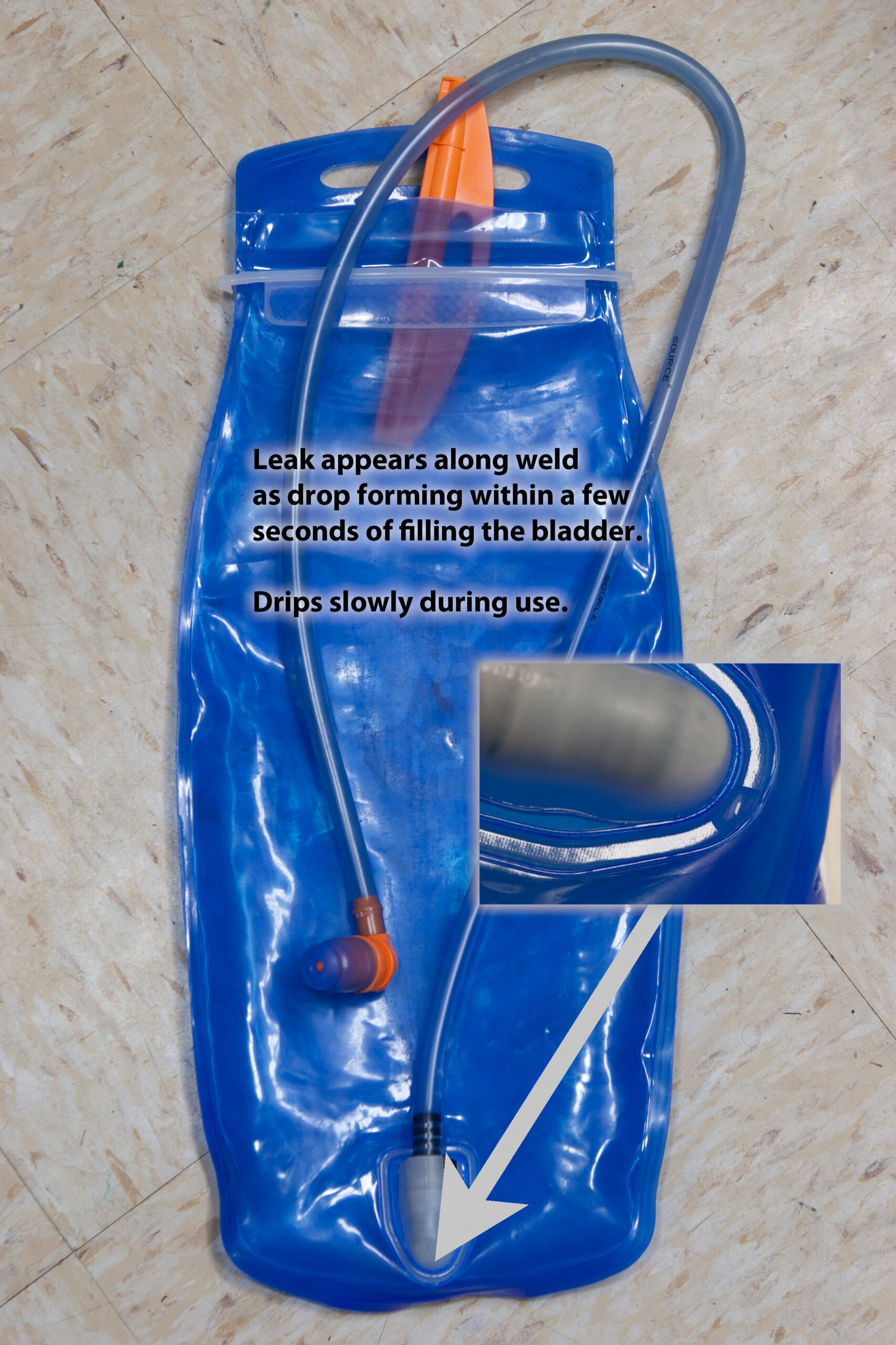 Deuter 3L bladder showing where the leak occurs.